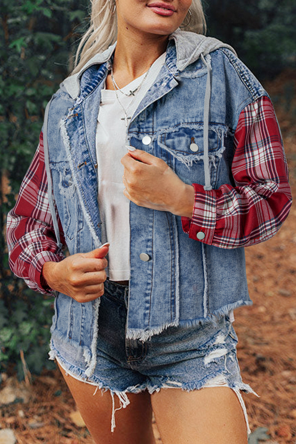 Plus Size Plaid Patchwork Hooded Denim Jacket
