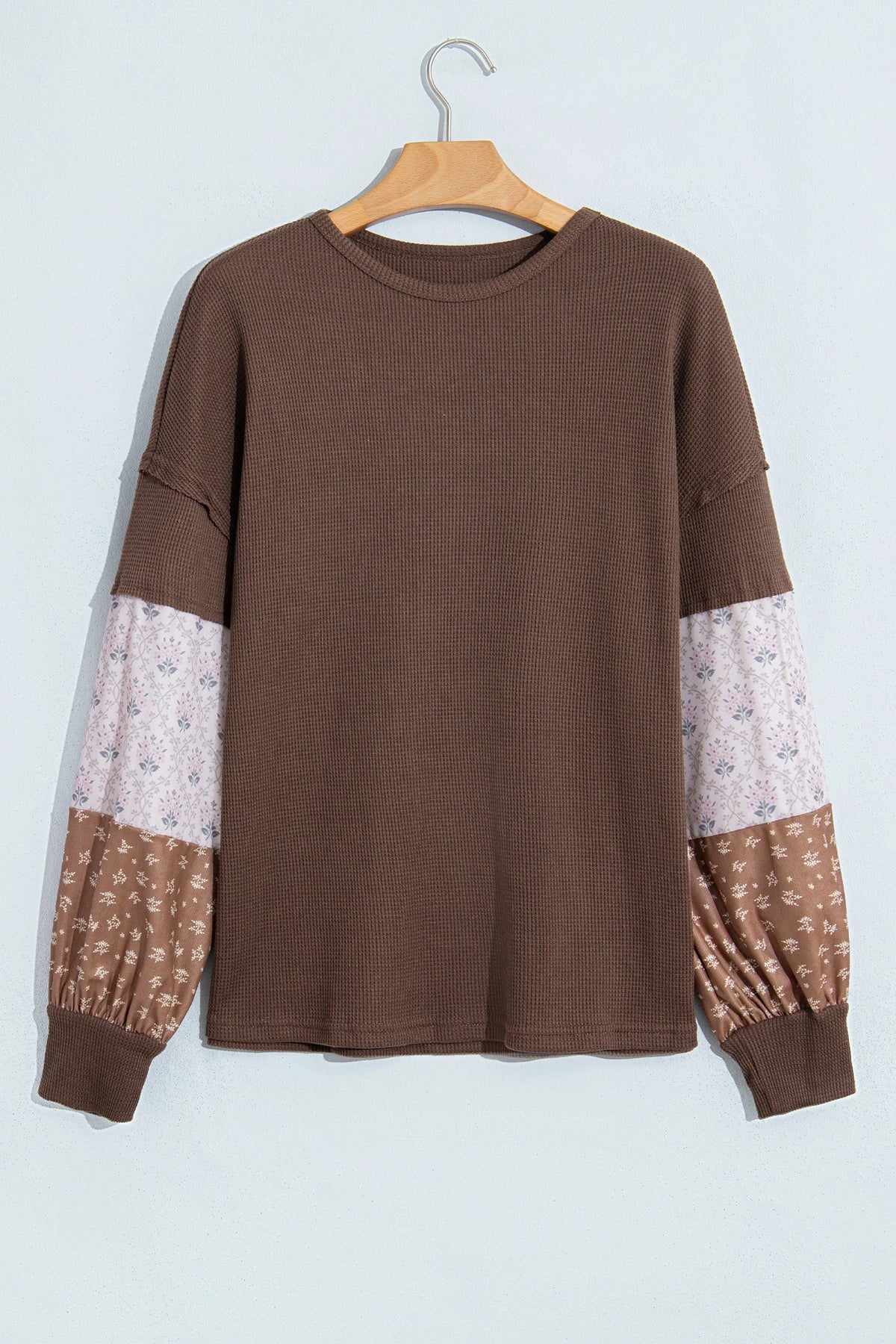 Plus Size Floral Patchwork Waffle Knit Long Sleeve Top
