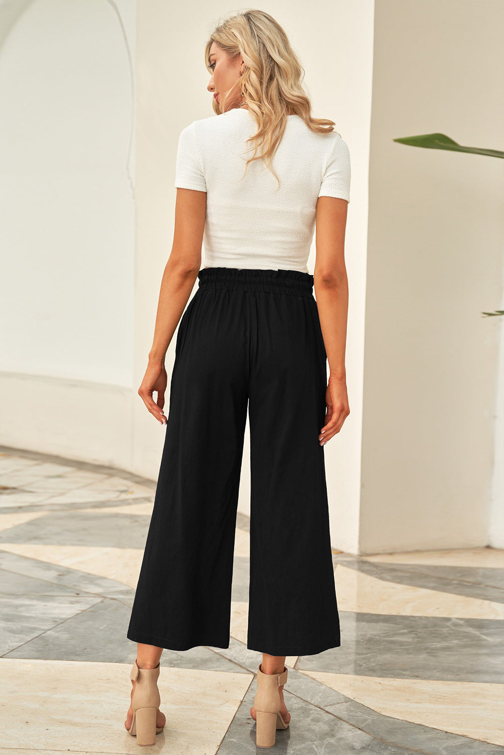 Solid Paperbag Waist Straight Leg Cropped Pants