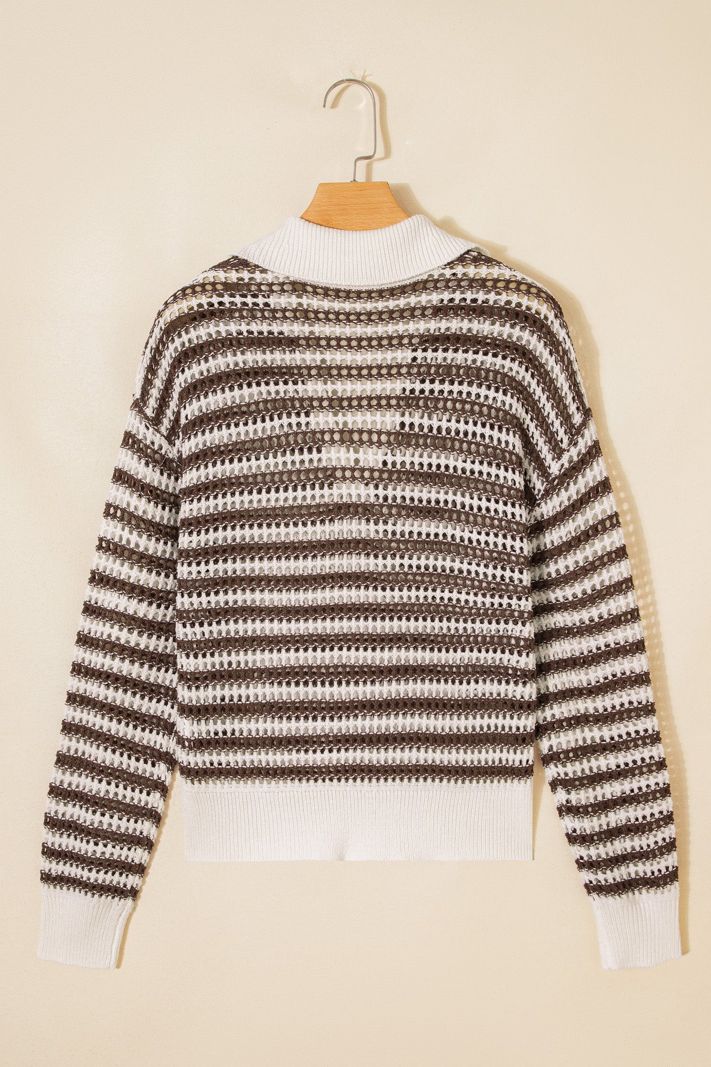 Stripe Eyelet Contrast Collared V-Neck Sweater