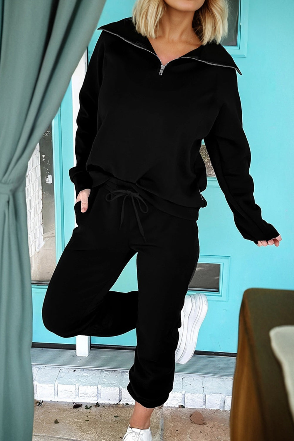 Solid Quarter-Zip Top and Drawstring Pants Set