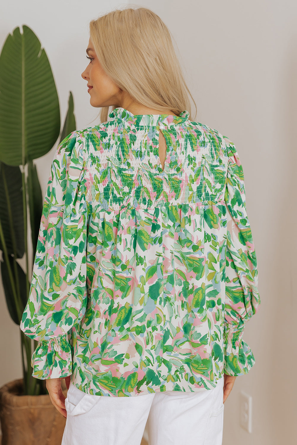 Abstract Floral Flounce Sleeve Mock Neck Blouse