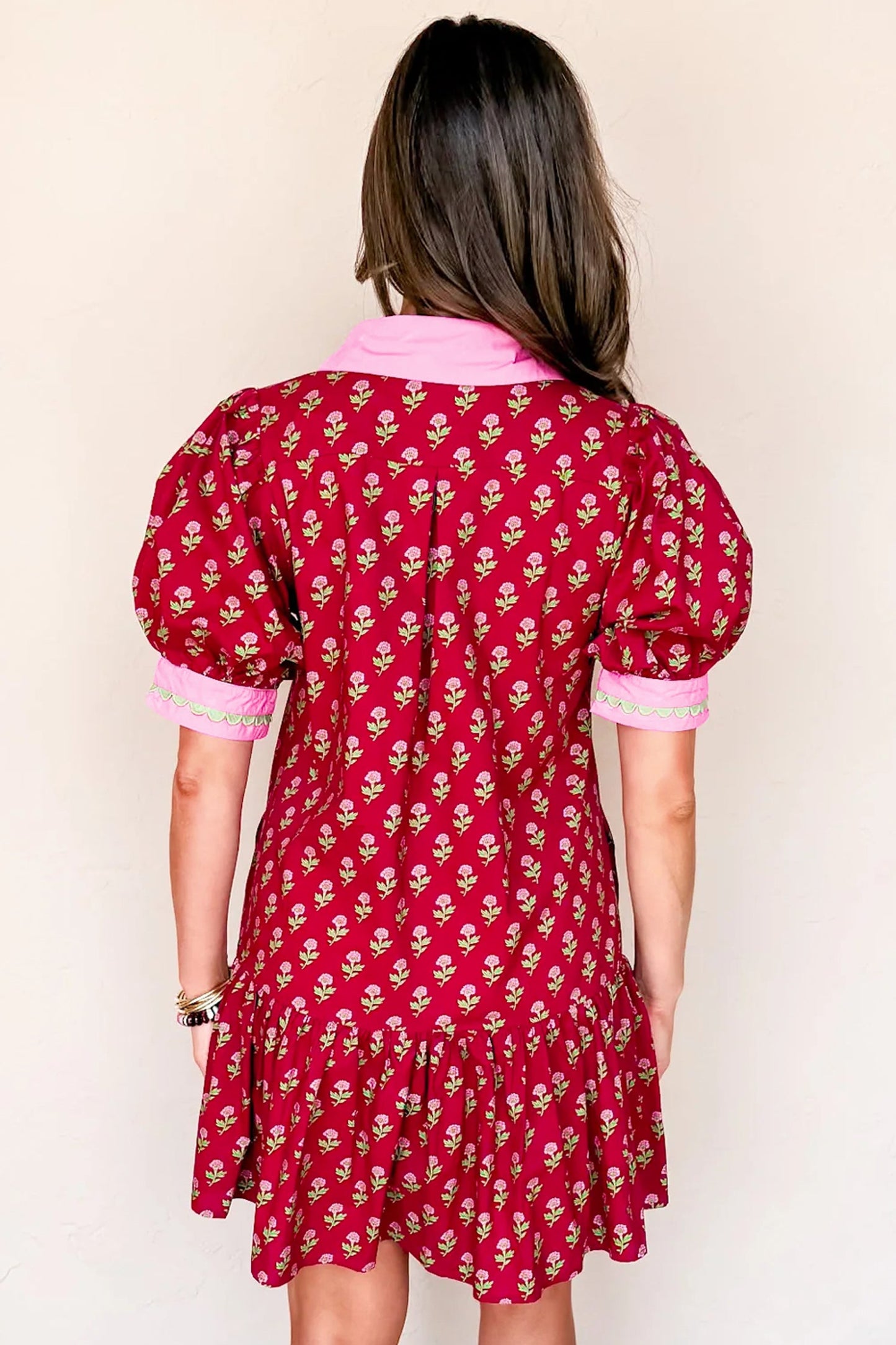 Floral V-Neck Short Bubble Sleeve Mini Dress