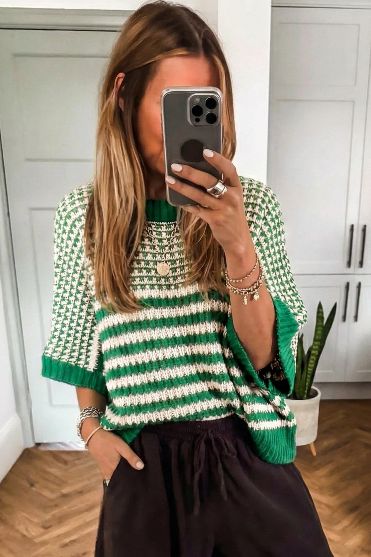 Stripe Draped 3/4 Sleeve Slouchy Sweater