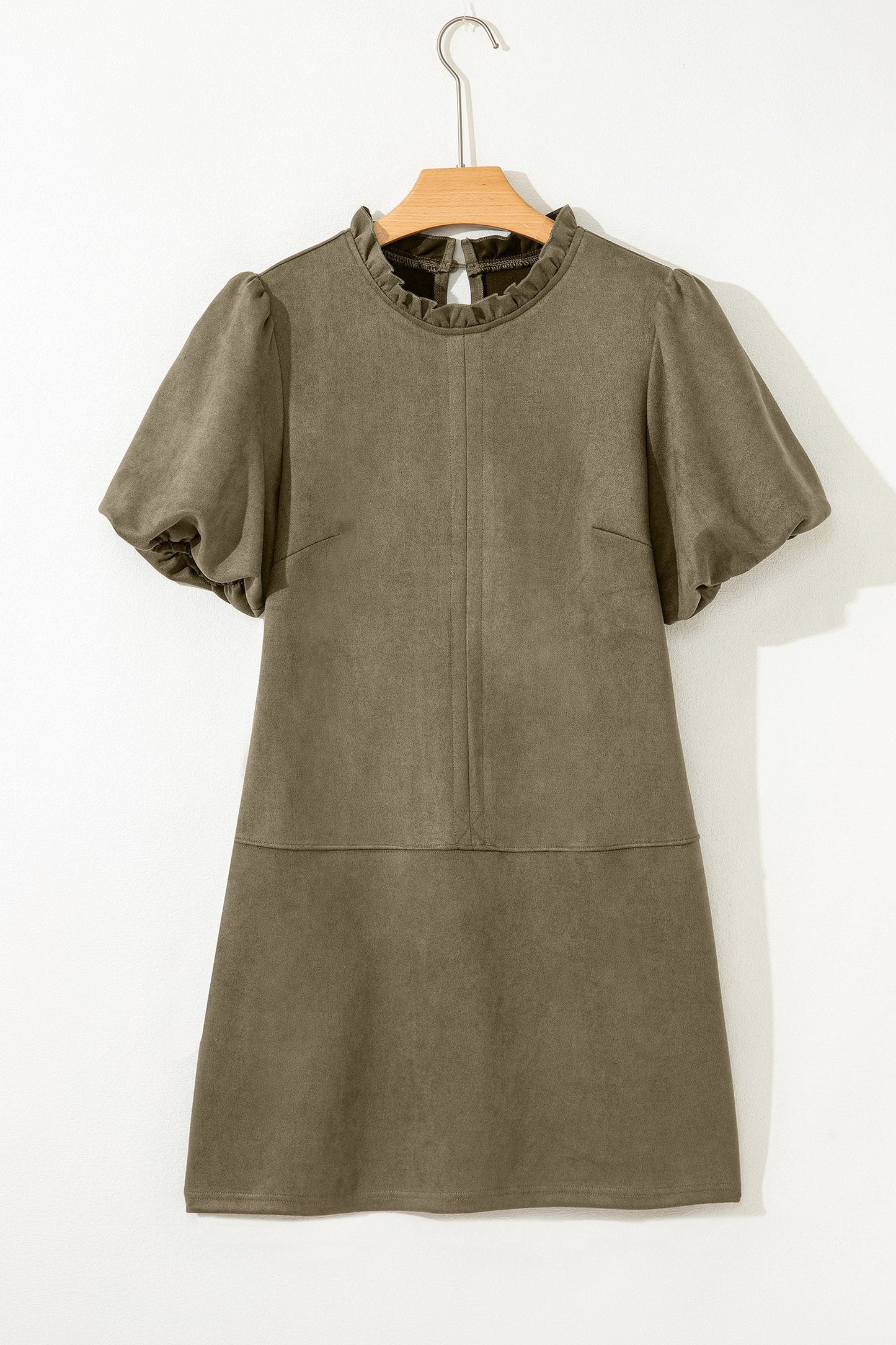 Frilled Round Neck Puff Sleeve Mini Dress