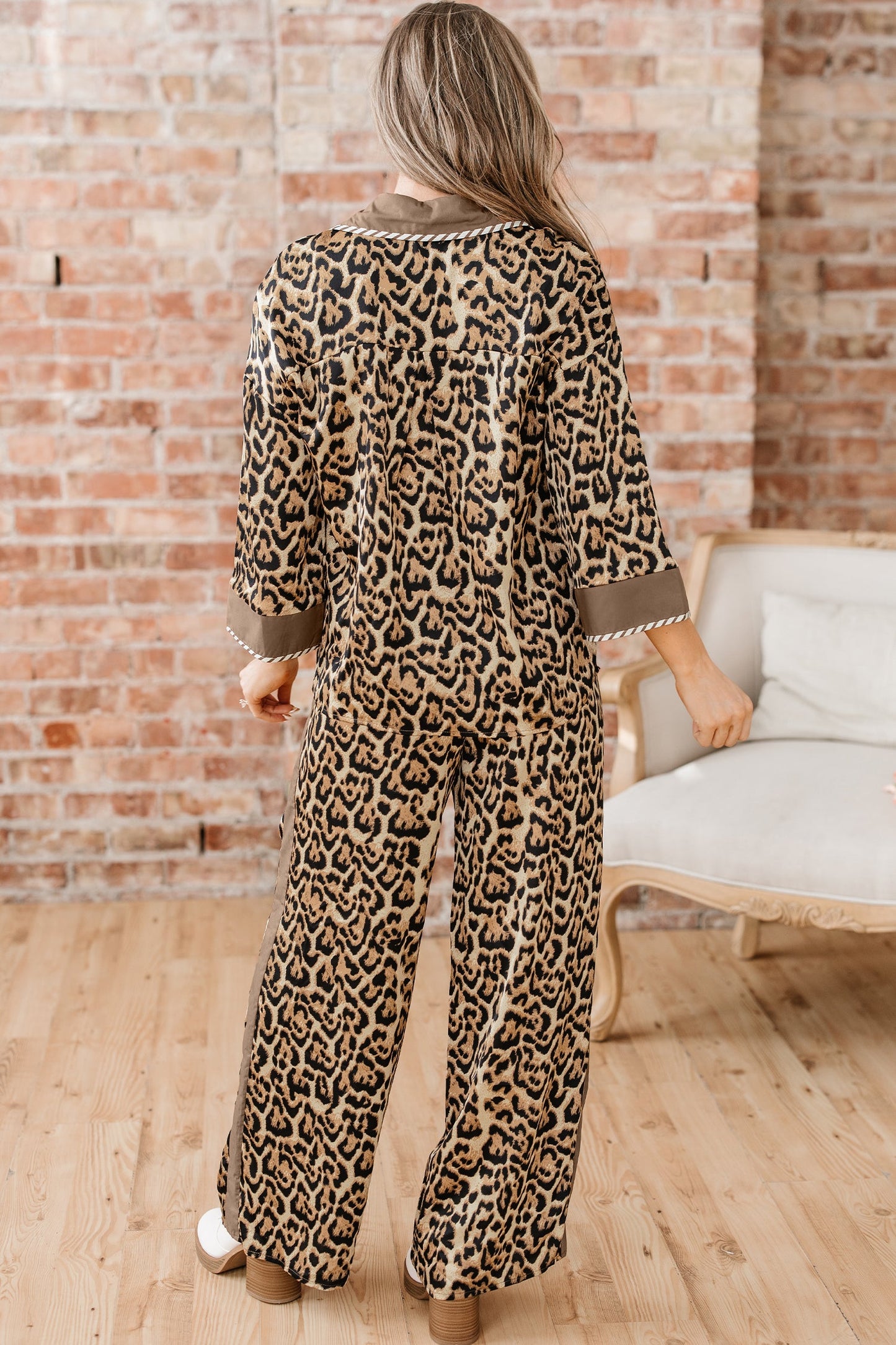 Leopard Collared 3/4 Sleeve Shirt and Pants Set