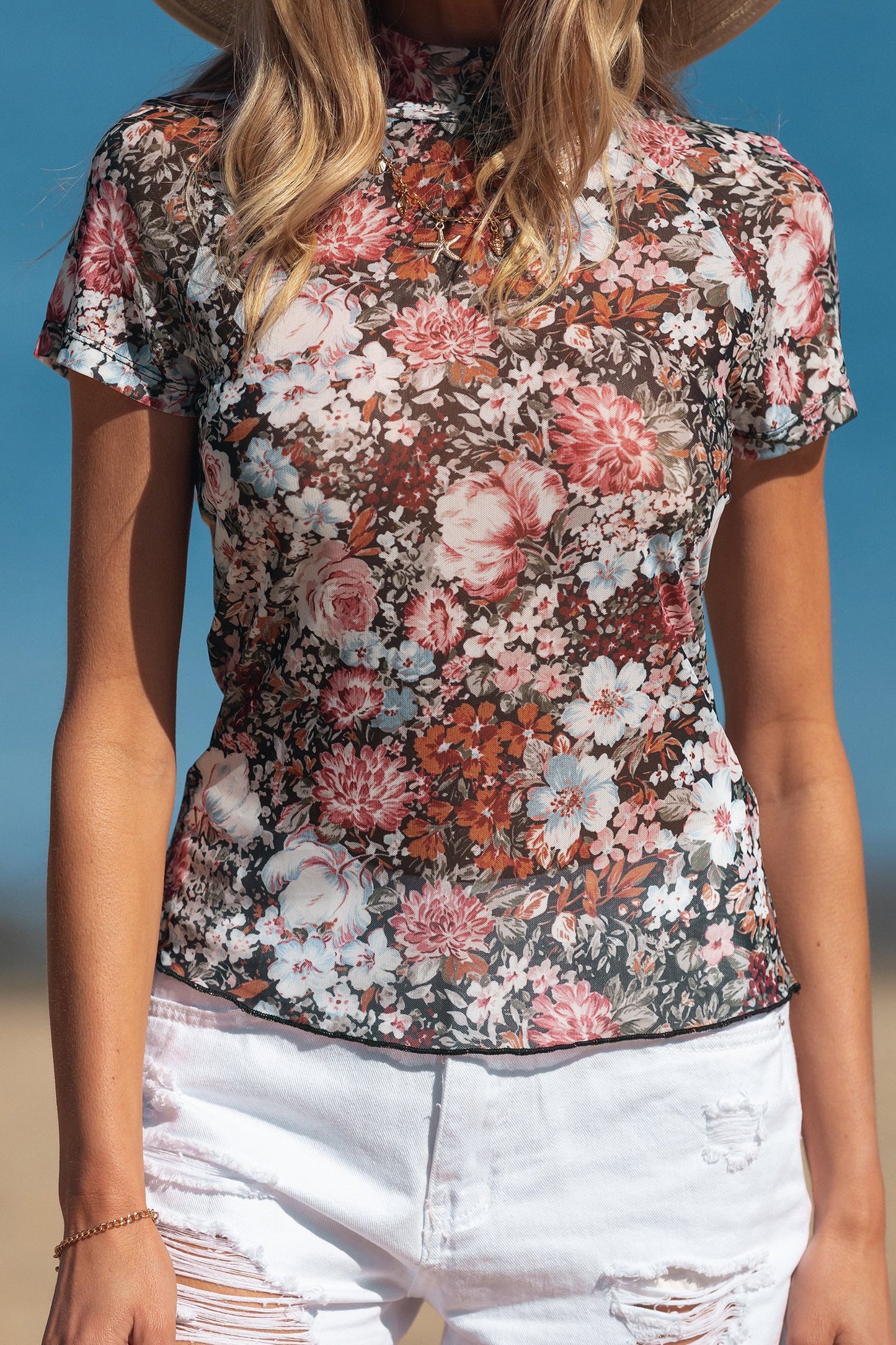 Floral Mesh Mock Neck Short Sleeve Top