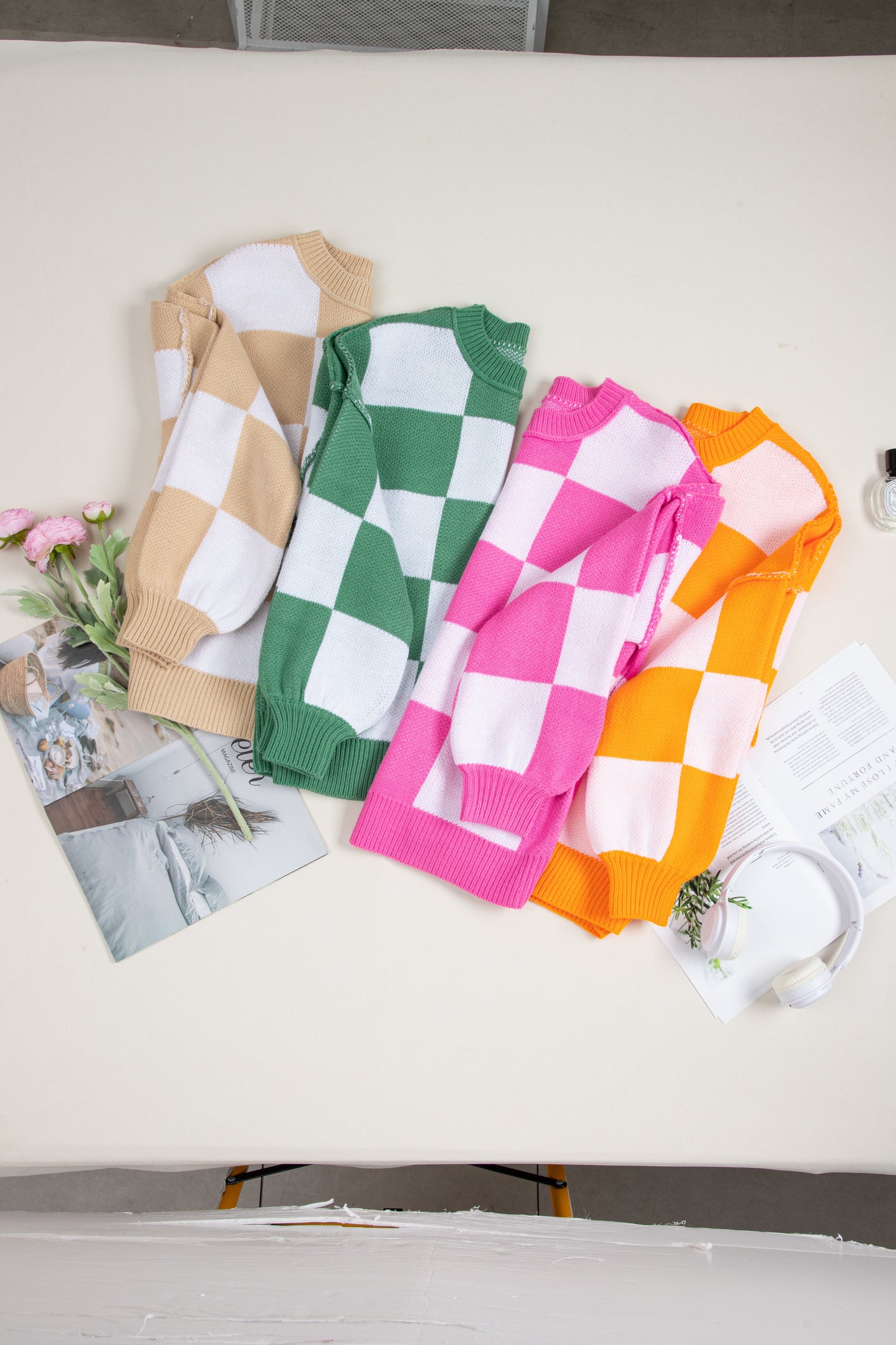 Checker Bishop Sleeve Sweater