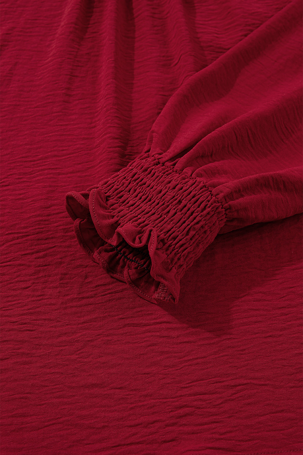 Solid Notched Neck Shirred Cuff Long Sleeve Blouse