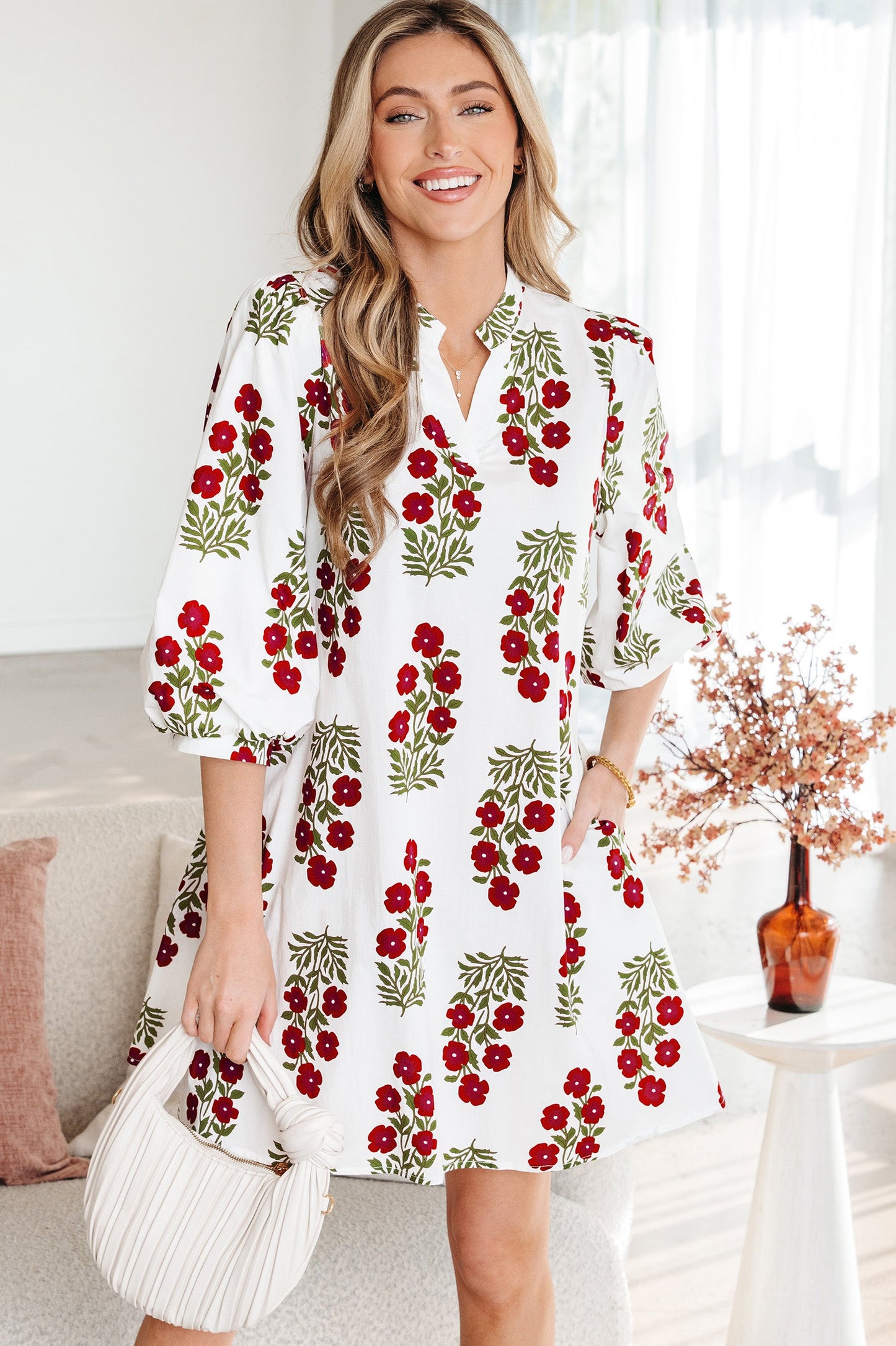 Floral V-Neck 3/4 Puff Sleeve Mini Dress