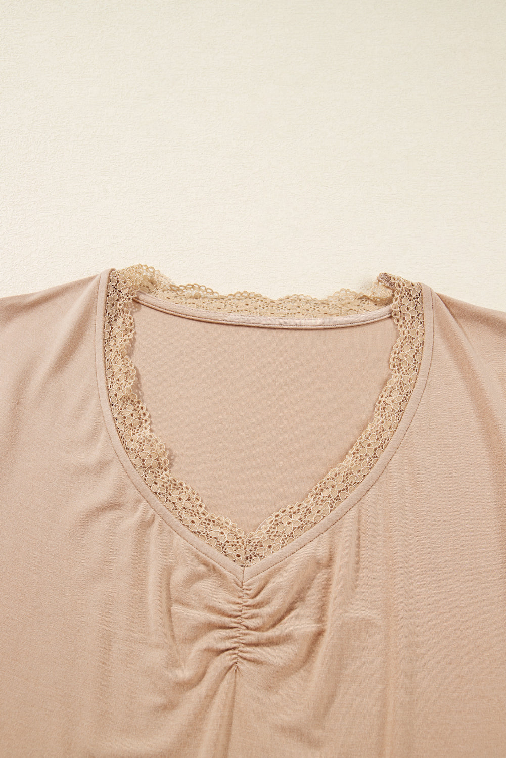 Lace Trim Ruched V-Neck Long Sleeve Top