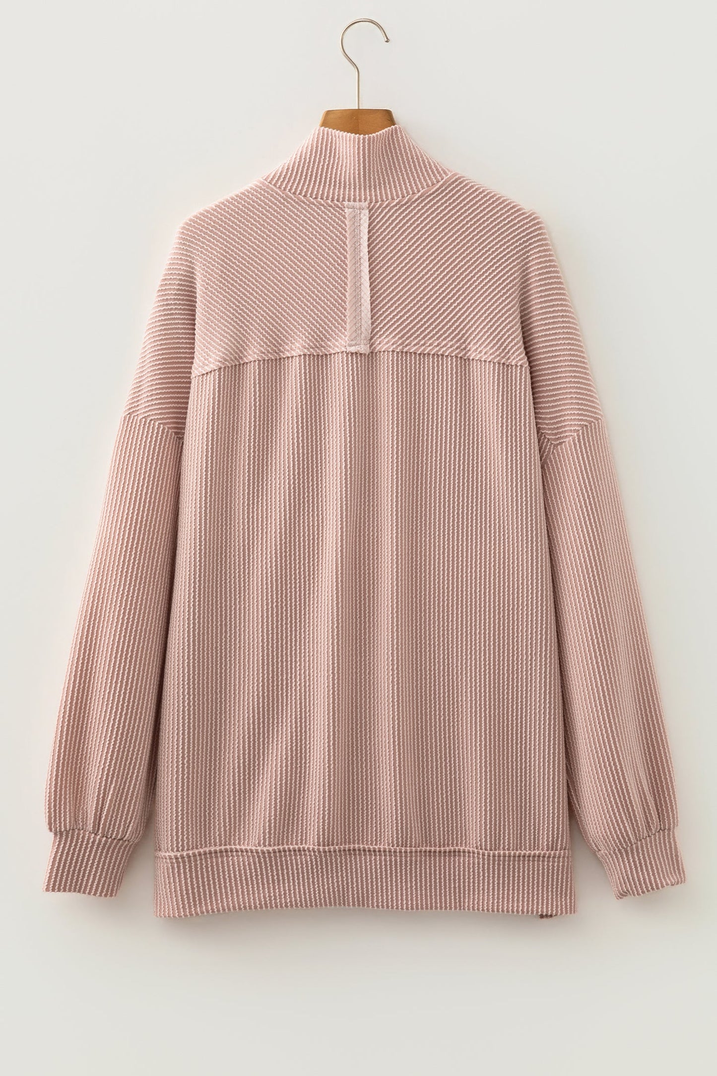 Corded Knit Zipper Collar Drop Shoulder Long Sleeve Top
