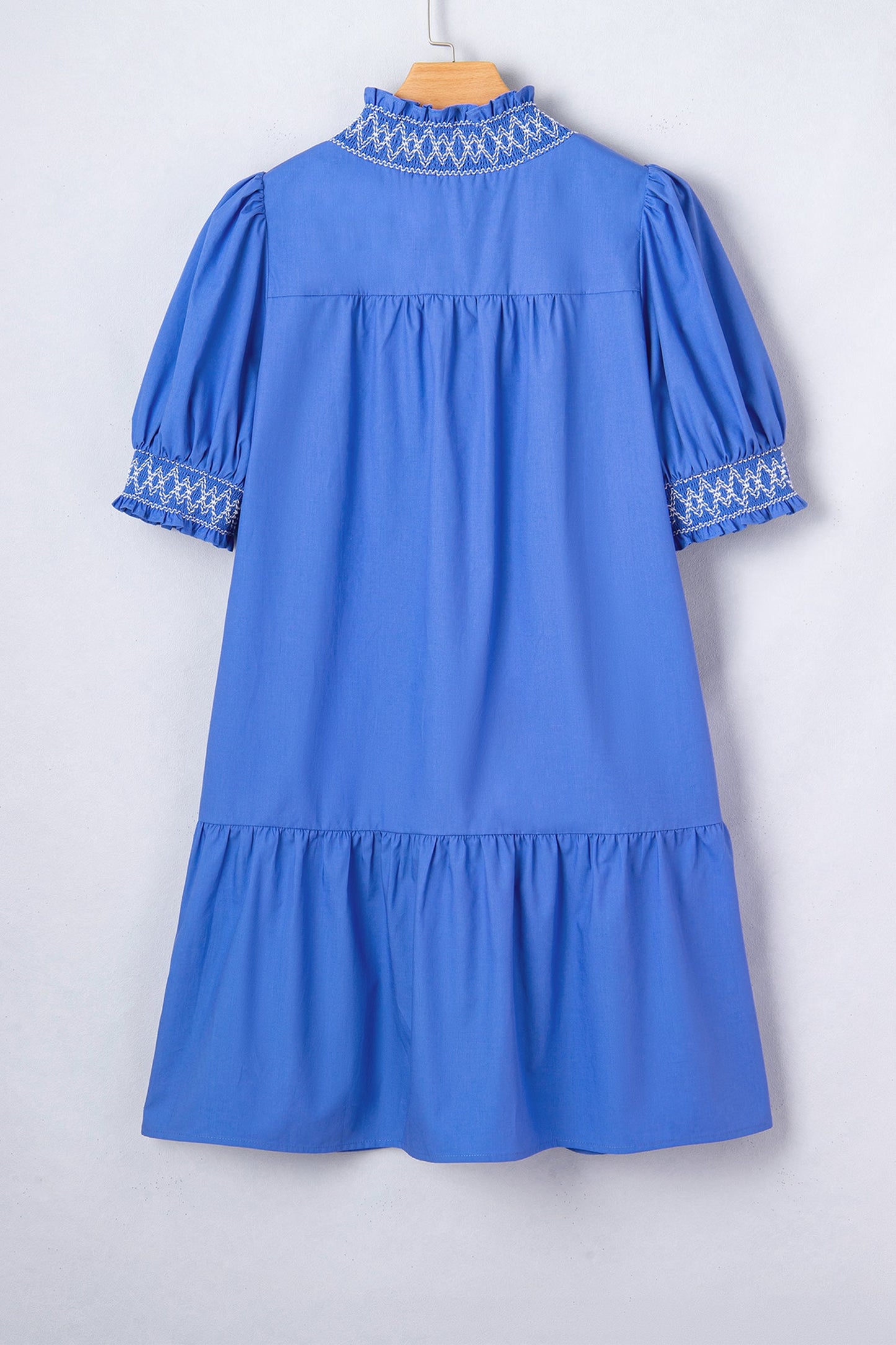 Embroidered Smock V-Neck Puff Sleeve Mini Dress