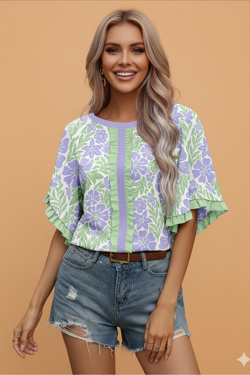 Floral Ruffle Colorblock Trim Short Sleeve Blouse