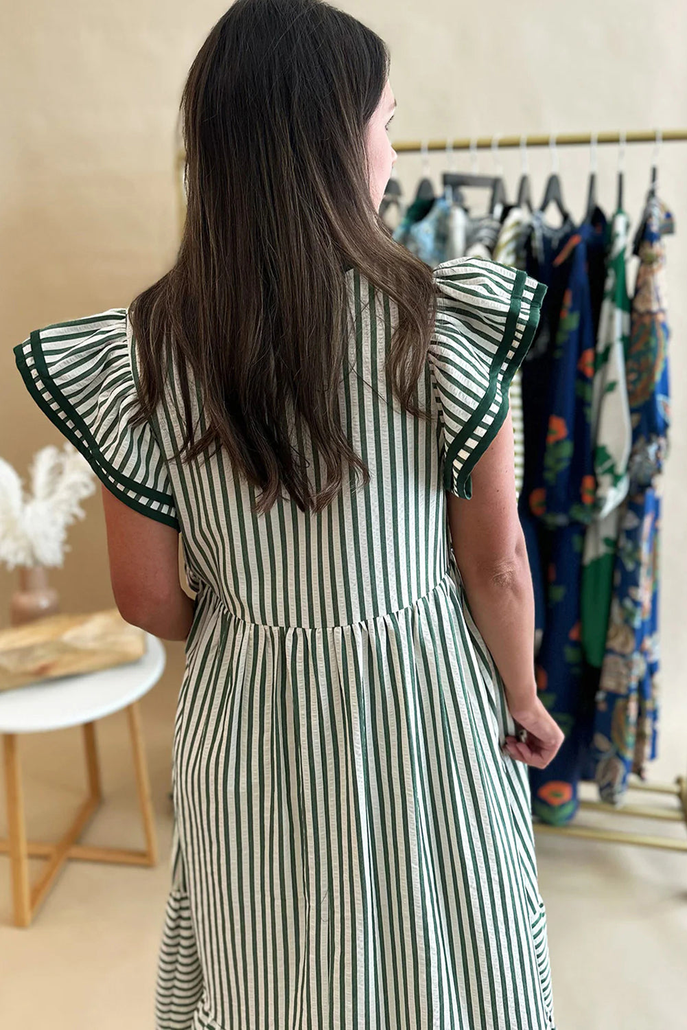 Stripe Ruffle Short Sleeve V-Neck Midi Dress