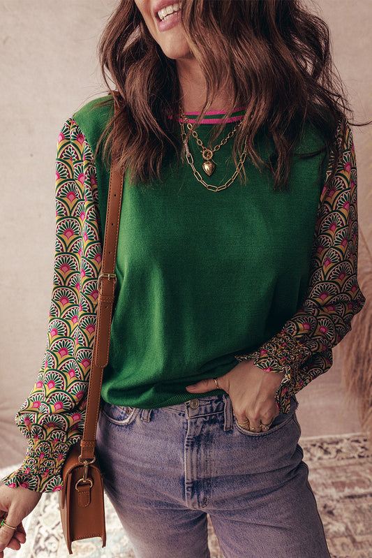 Floral Patchwork Puff Sleeve Sweater