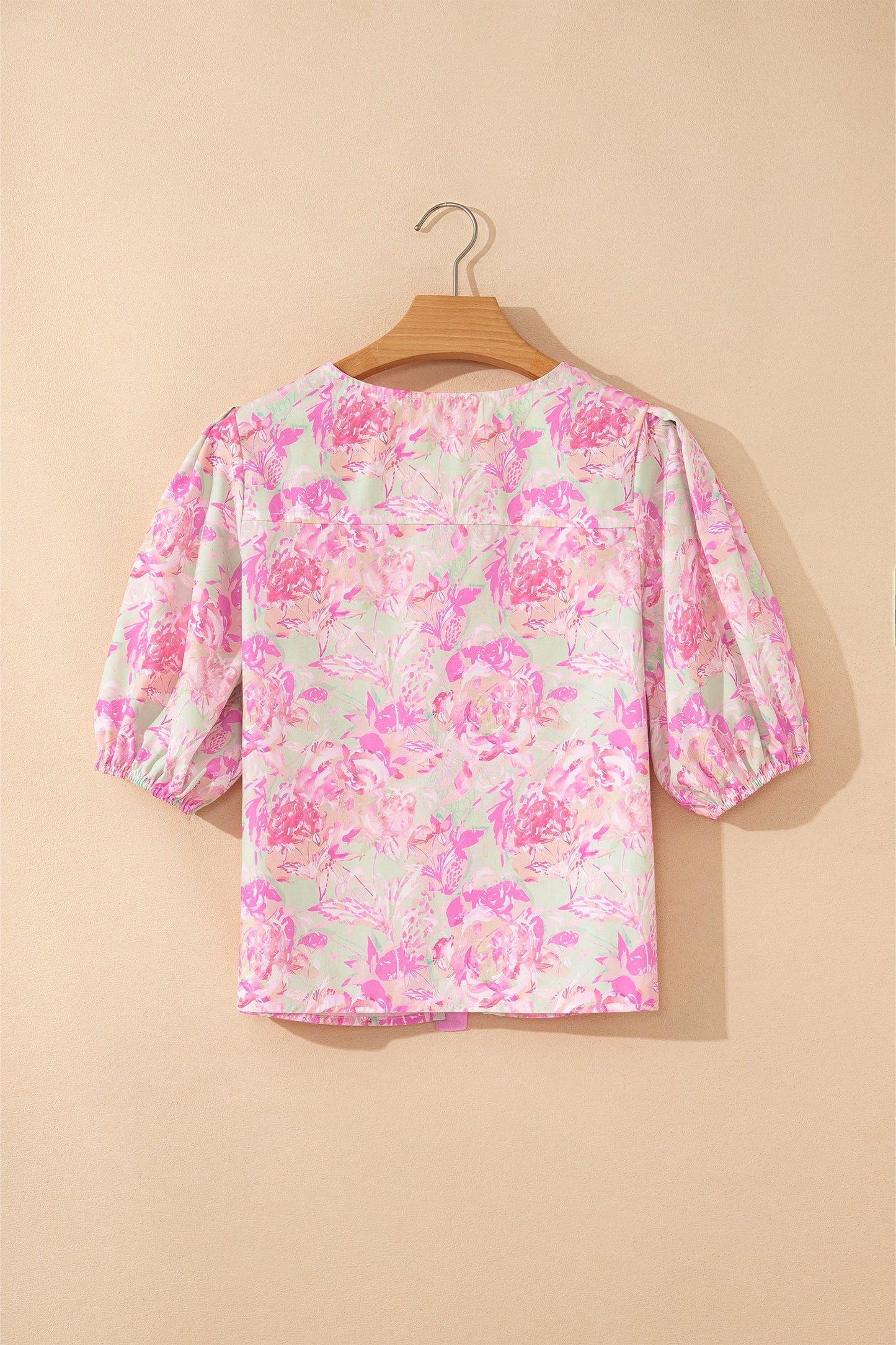 Floral Ribbon Knot Front Puff Sleeve Blouse