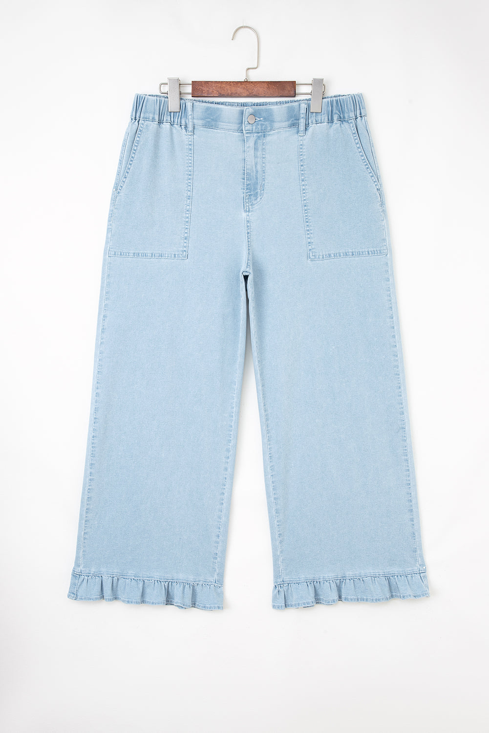 Plus Size Denim Elastic Waist Ruffle Wide Leg Pants