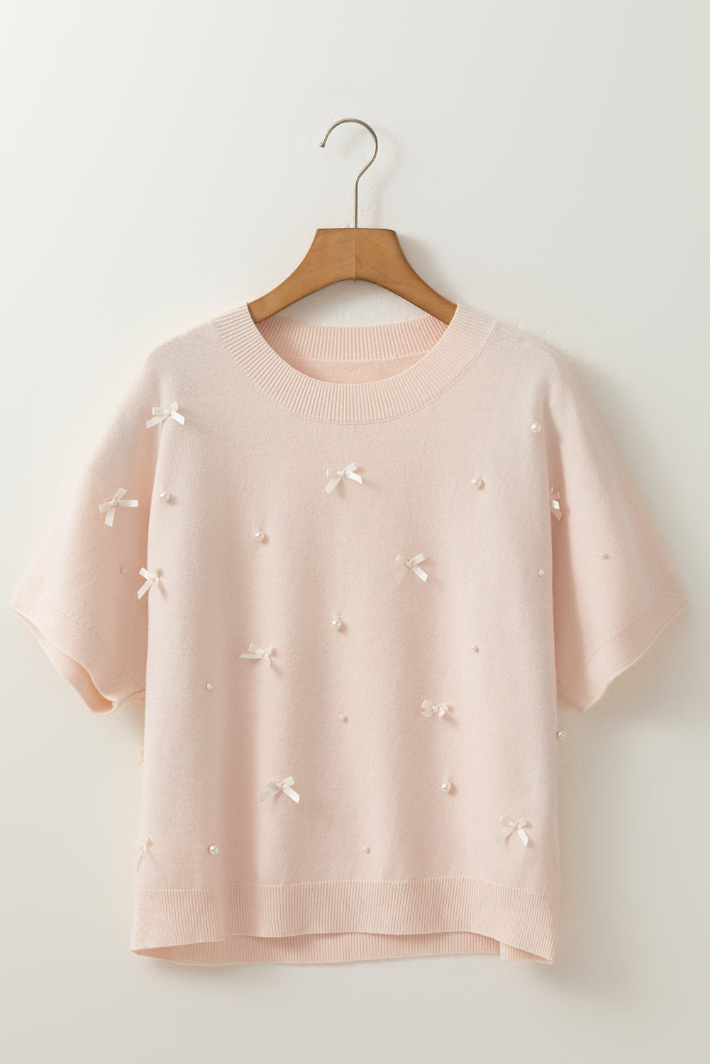 Bow Pearl Embellished Dolman Short Sleeve Sweater