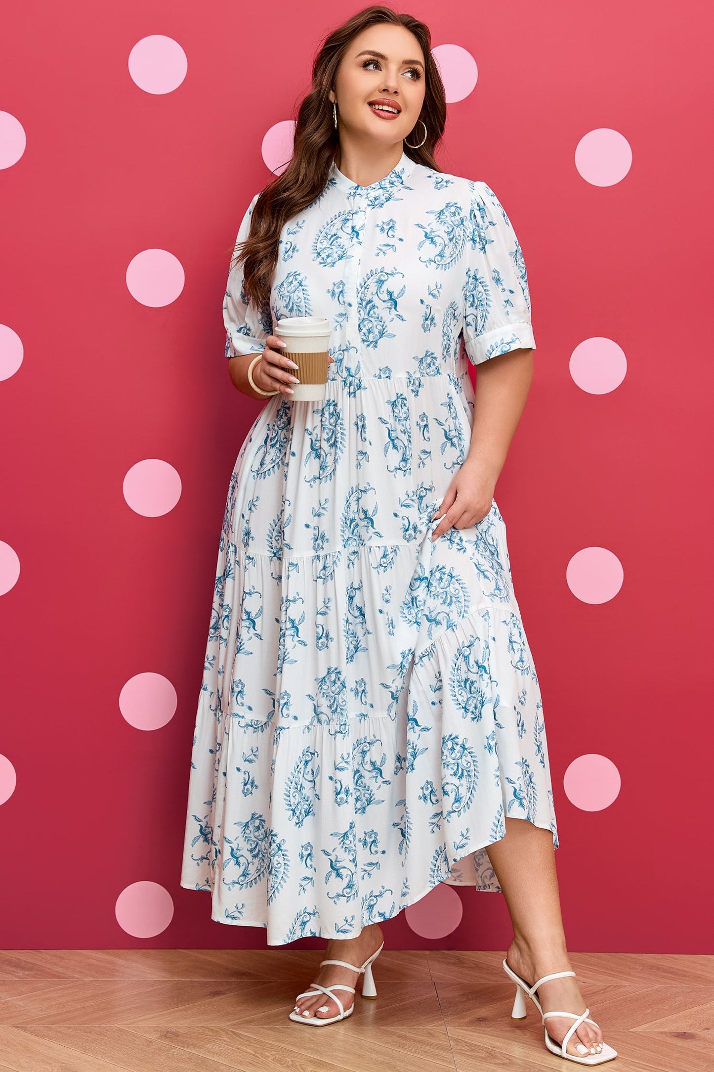 Plus Size Floral Geometric Split Neck Maxi Dress