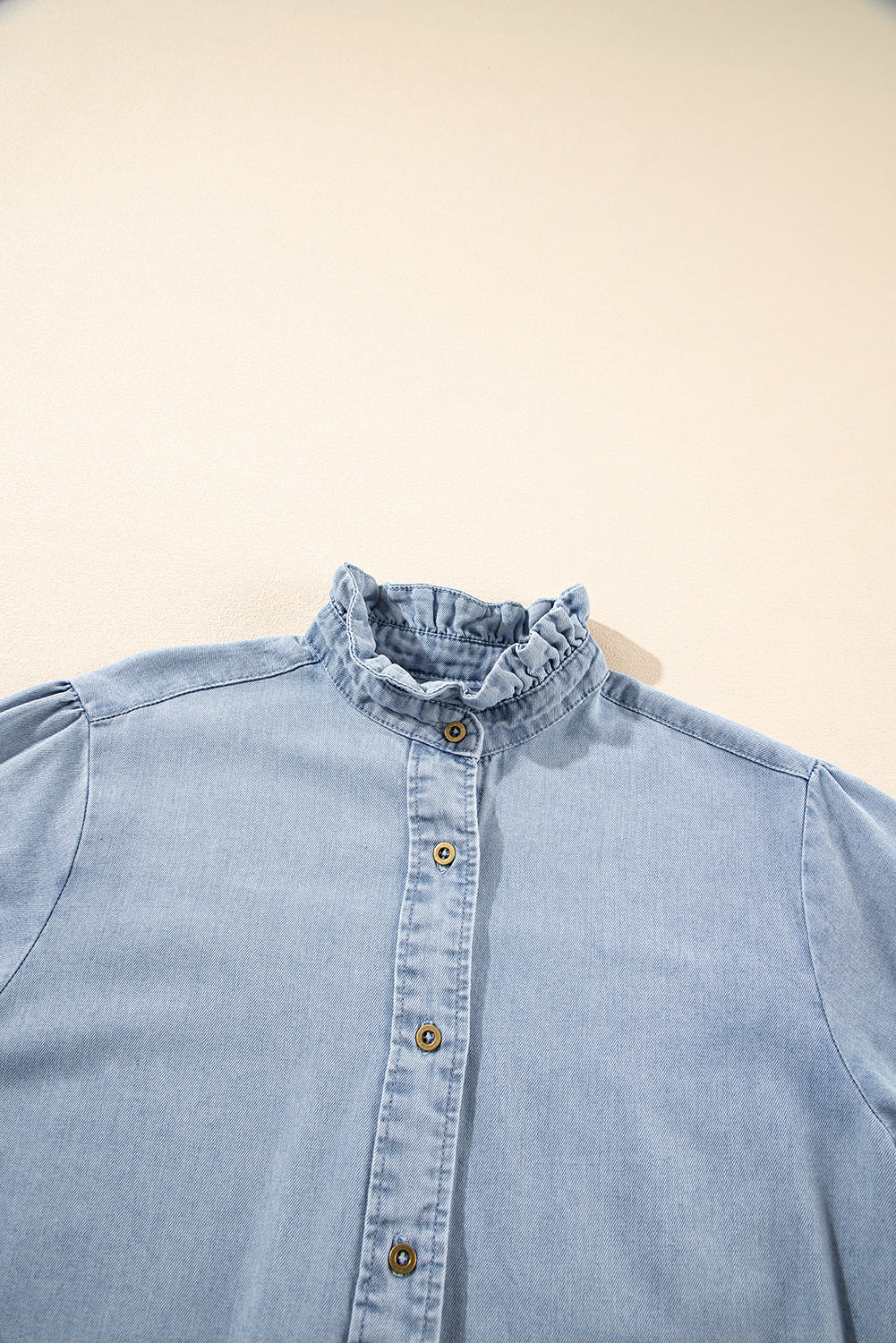 Chambray Ruffle Short Puff Sleeve Summer Shirt