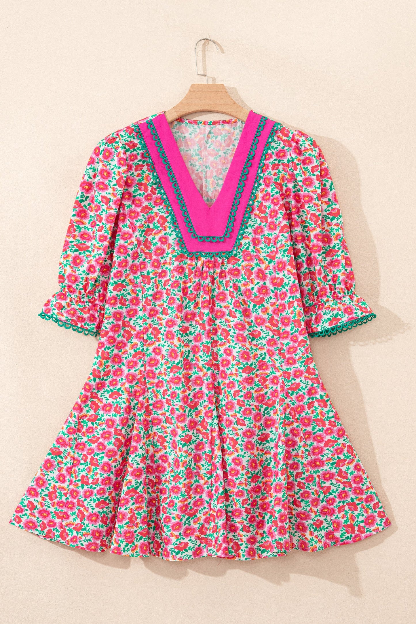 Floral Patchwork V-Neck Bubble Sleeve Mini Dress