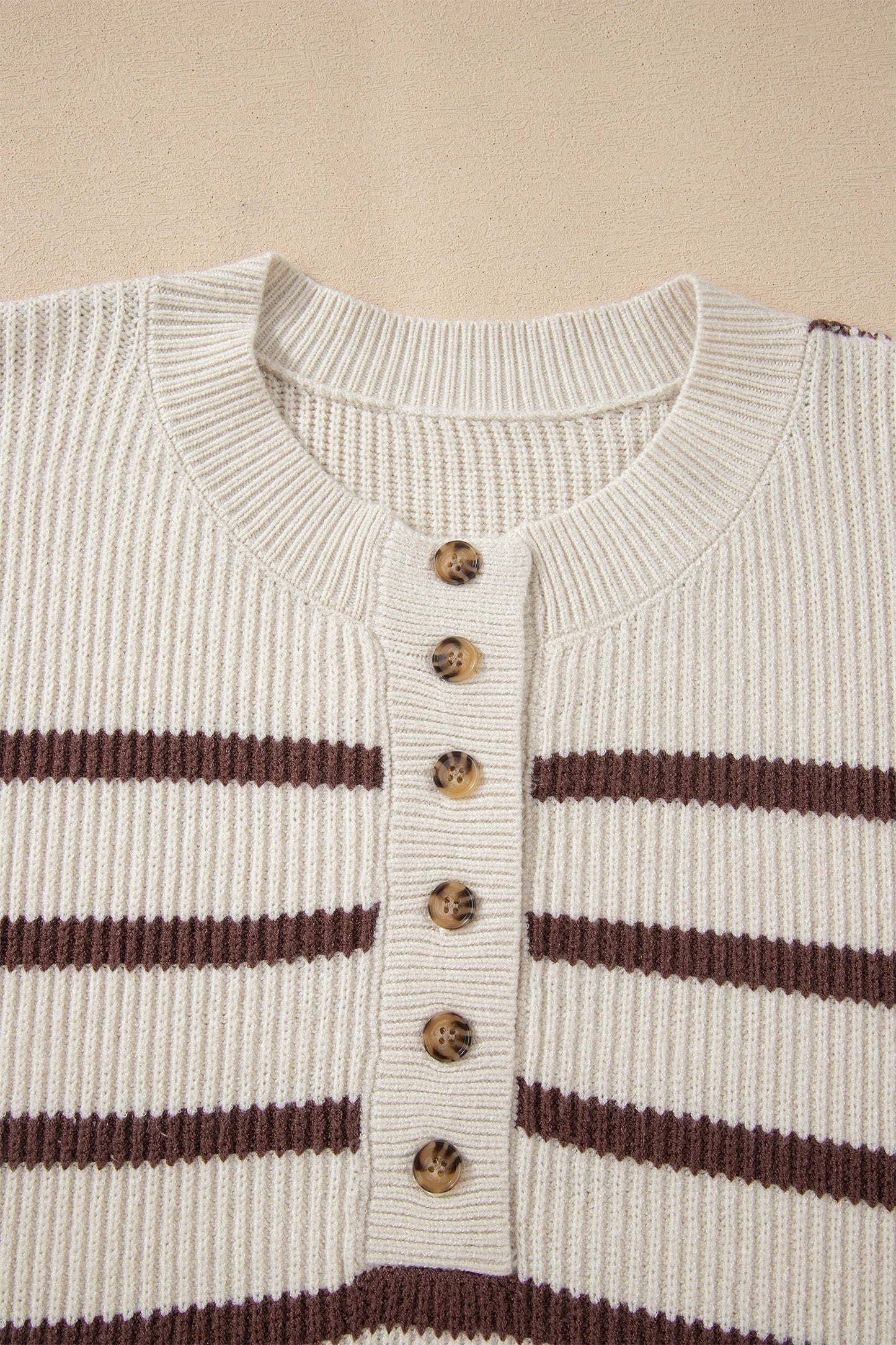 Stripe Ribbed Slouchy Drop Shoulder Henley Sweater