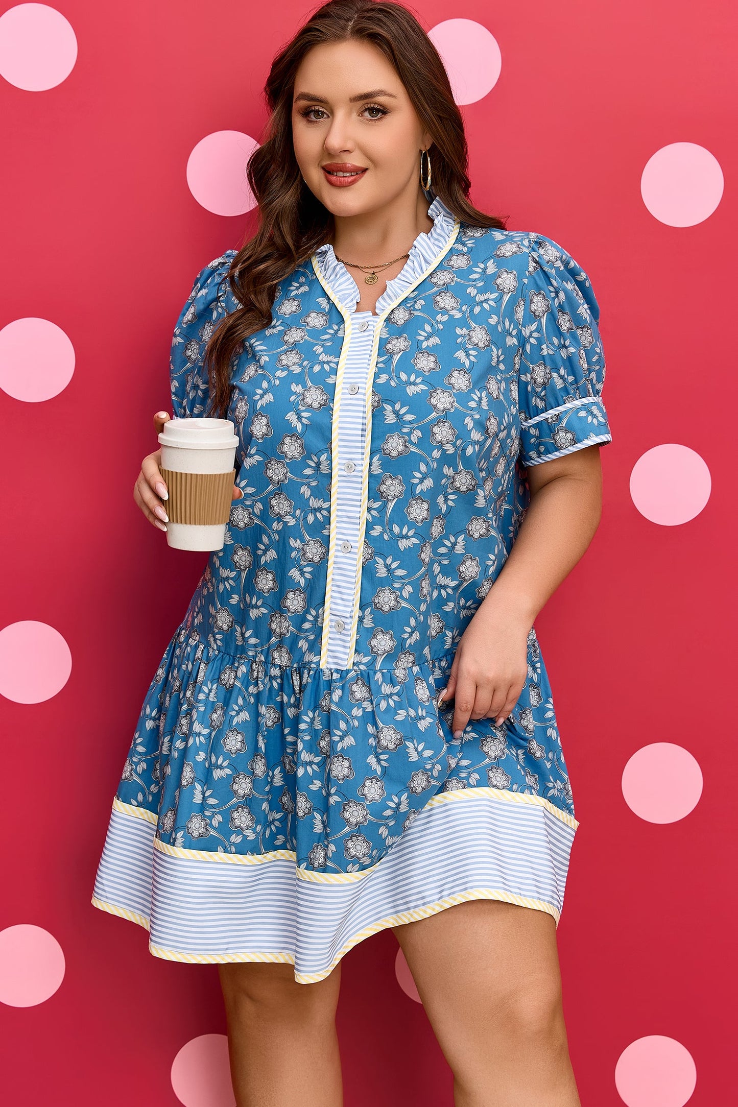 Plus Size Floral Stripe Patchwork Ruffle Dress