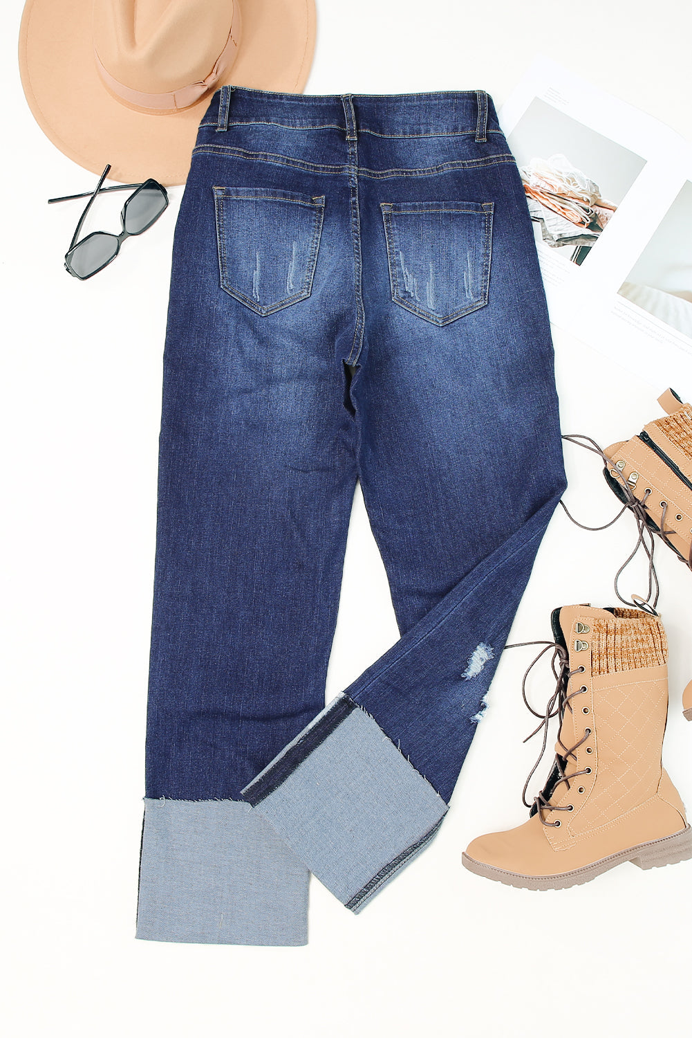 Denim High Waist Distressed Straight Leg Jeans