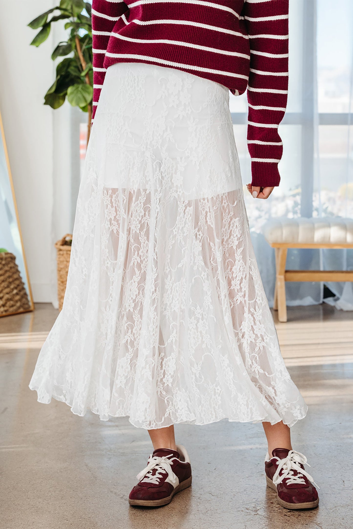 Floral Sheer Lace Flowy Maxi Skirt