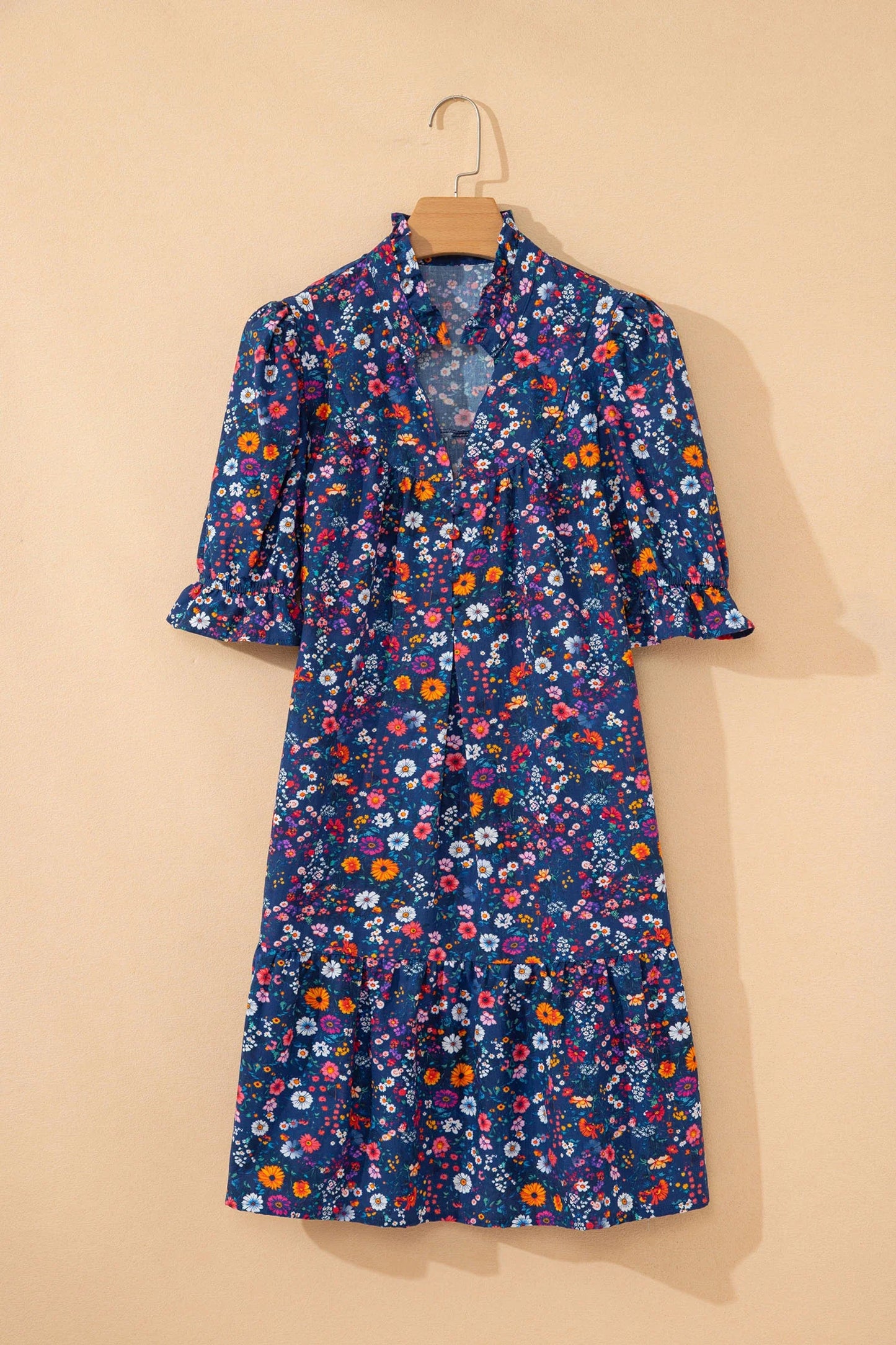 Floral Split Neck Wild Daisy Puff Mini Dress