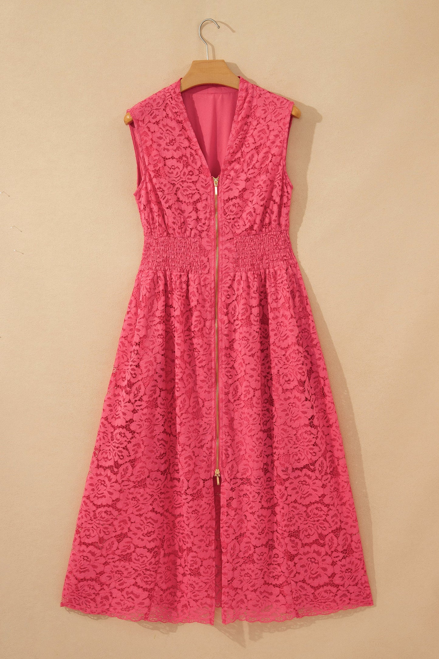 Floral Lace Zip Up V-Neck Smocked Waist Sleeveless Dress