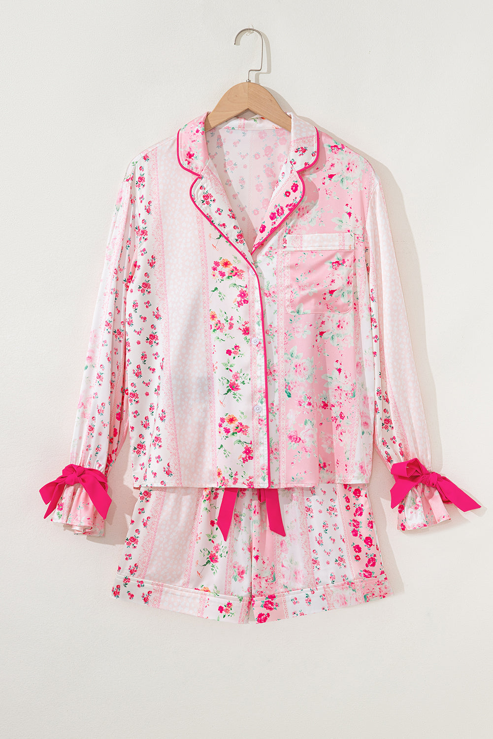 Floral Shirt Satin Tie and Shorts Pajama Set