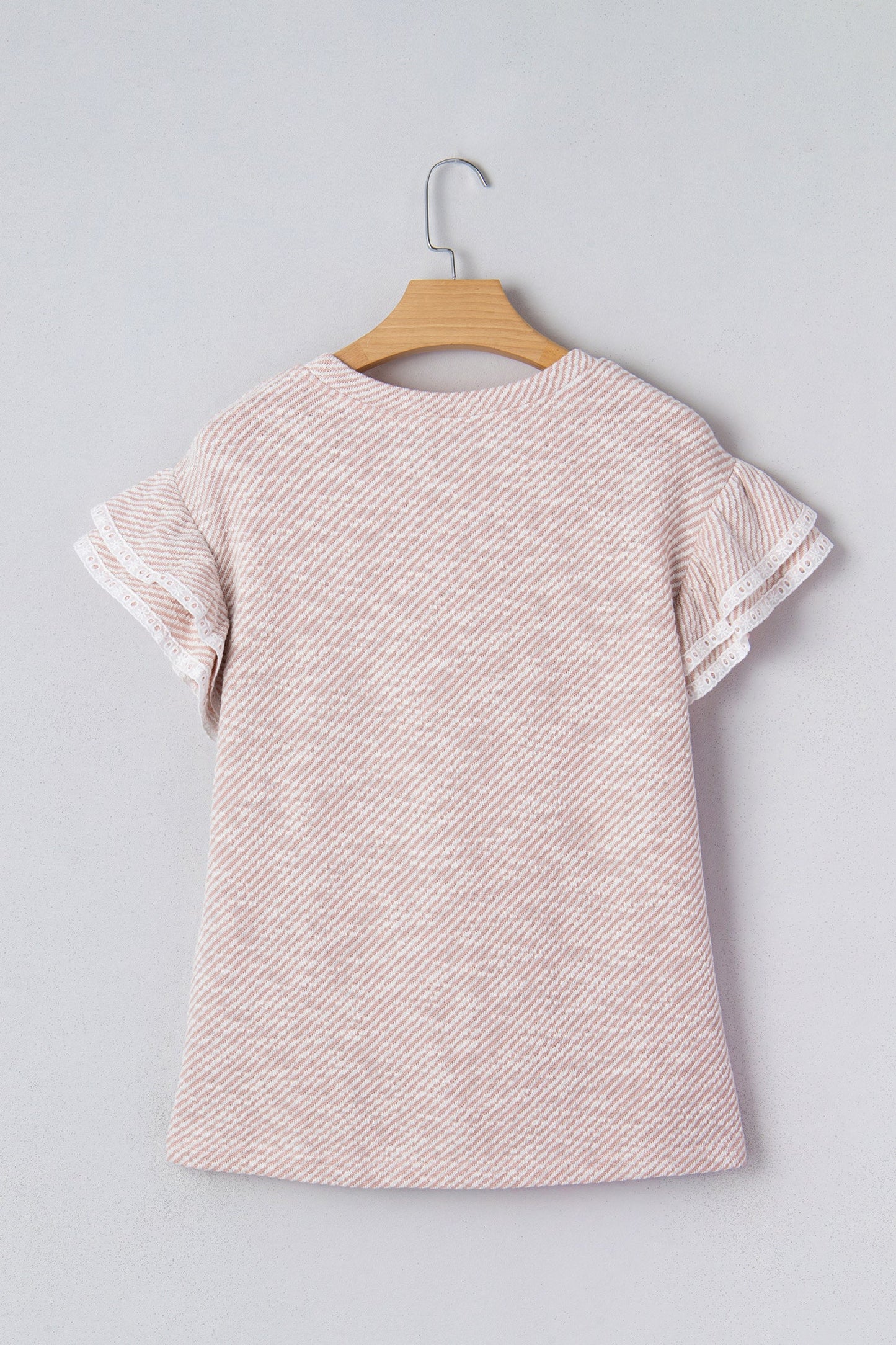 Stripe Twill Ruffle Lace Short Sleeve Blouse