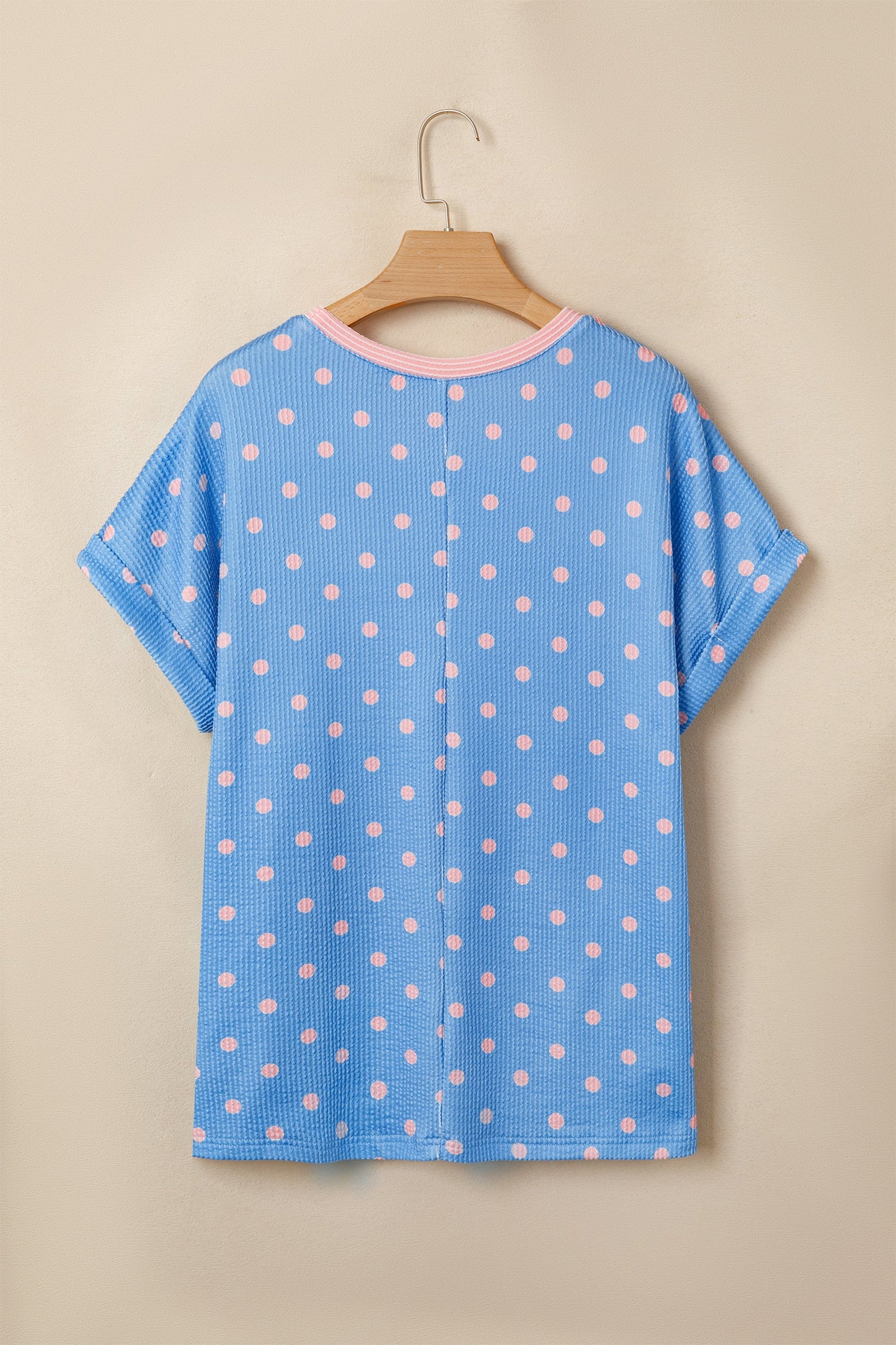 Polka Dot Raised Rib Cuffed Short Sleeve Top
