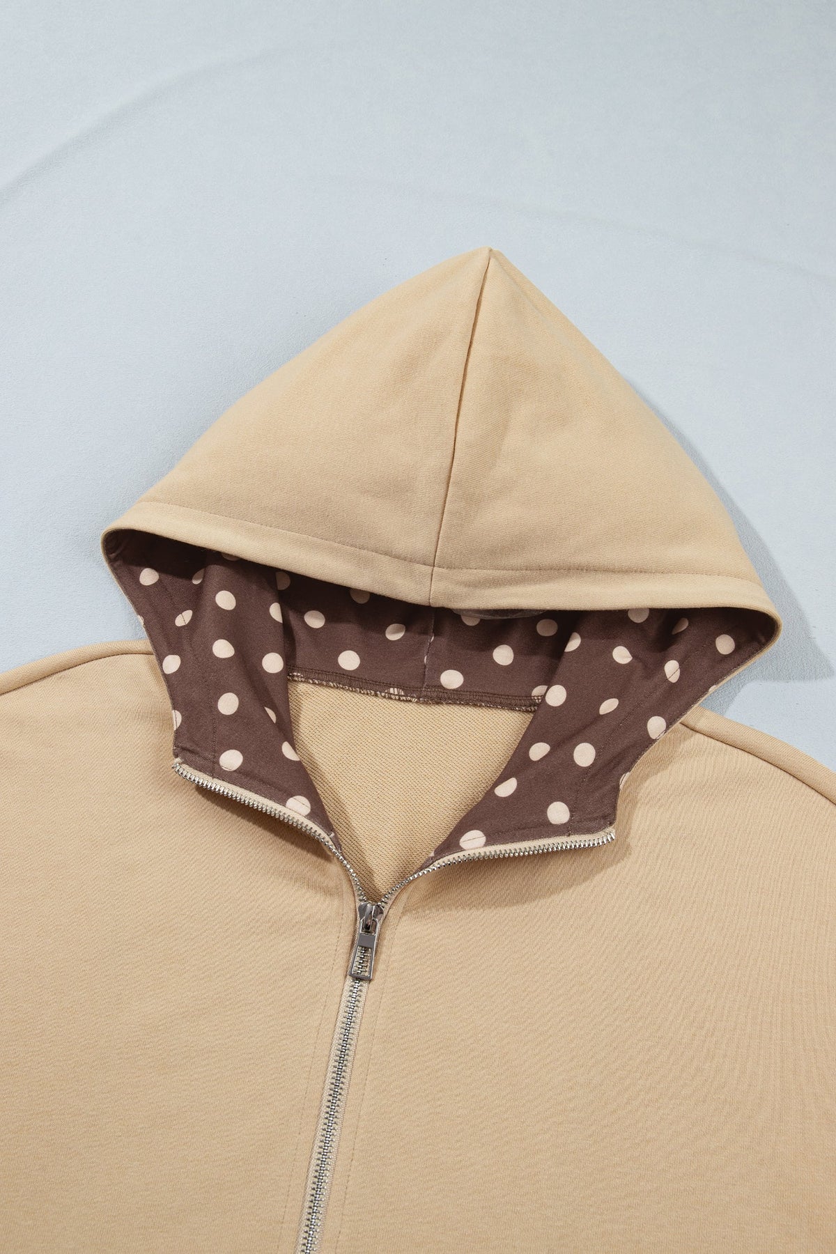 Polka Dot Drop Shoulder Zip-Up Hooded Sweatshirt