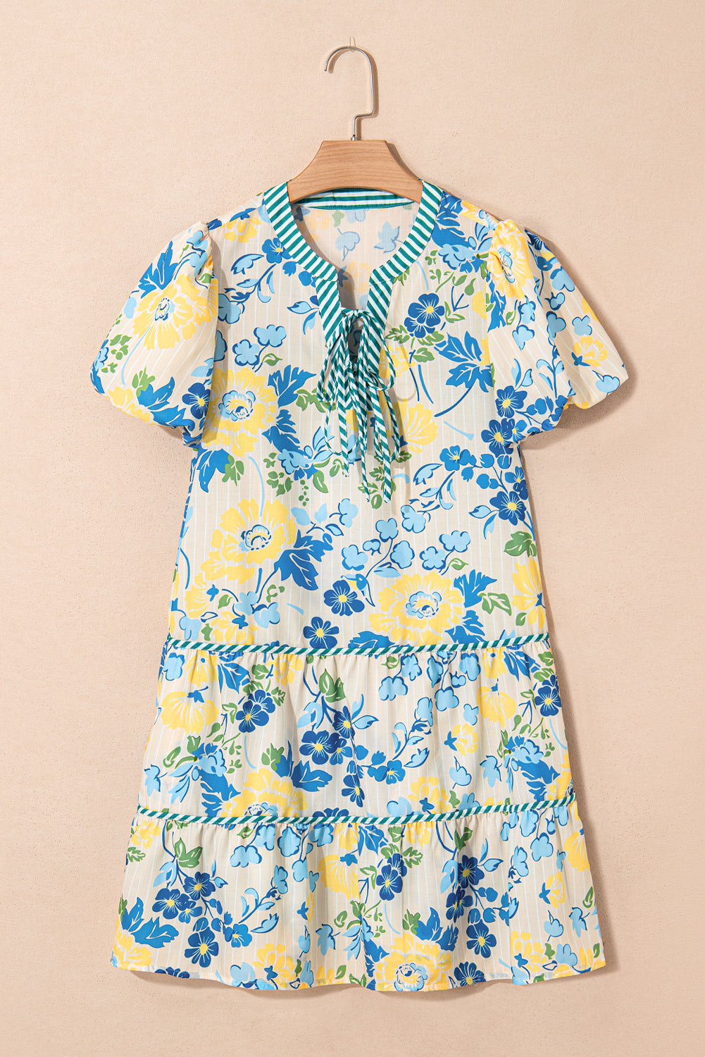 Floral Stripe Trim Puff Short Sleeve Dress