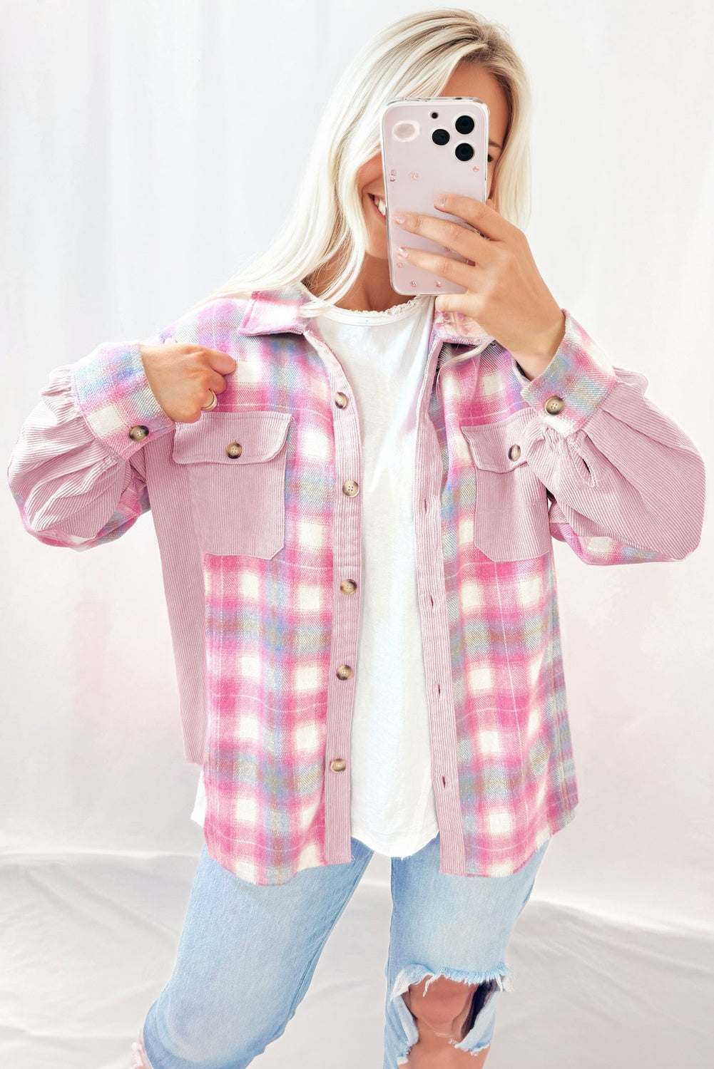 Plaid Corduroy Patchwork Flap Pocket Shacket