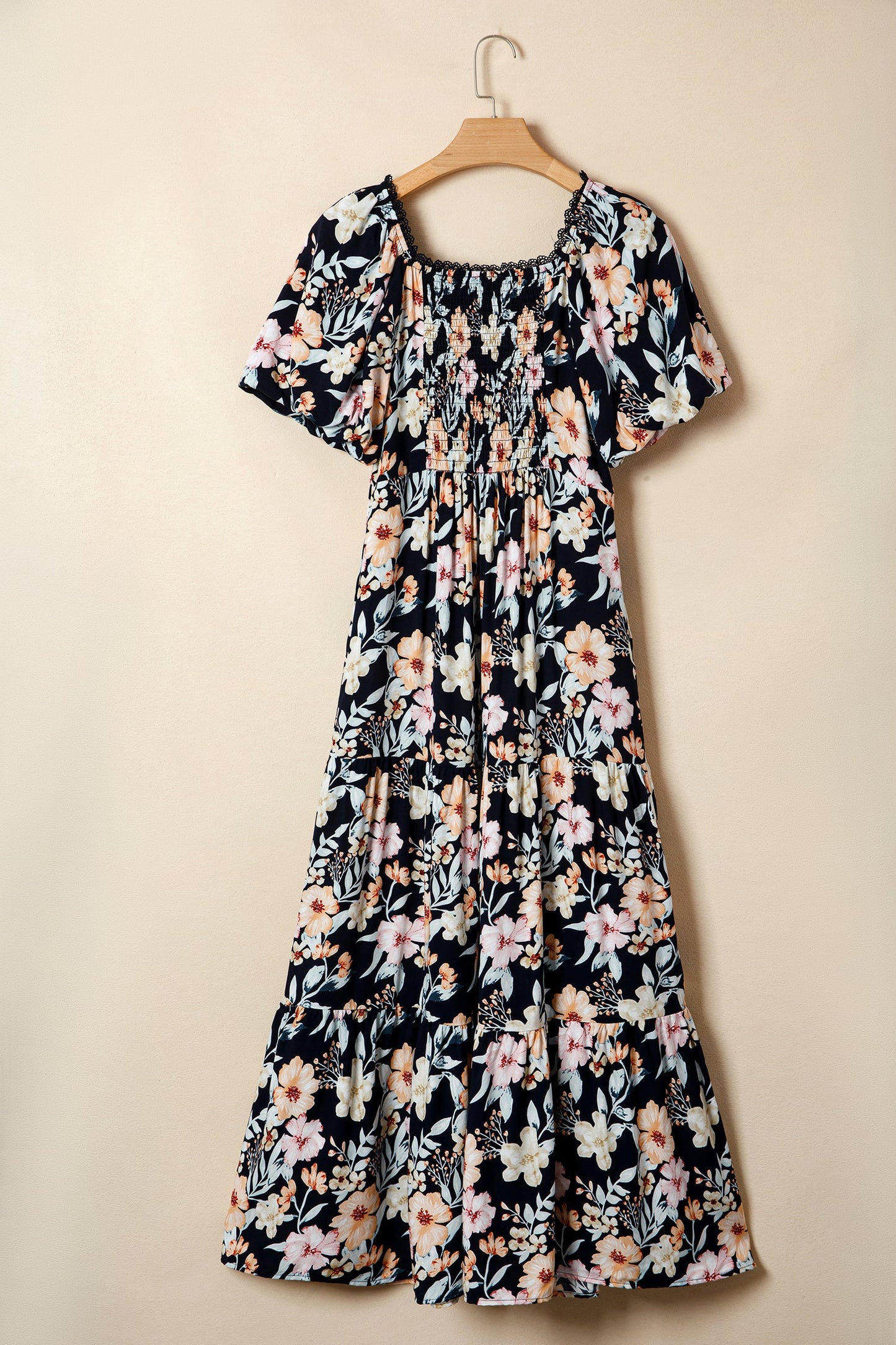 Floral Short-Sleeve Smock High-Waist Maxi Dress