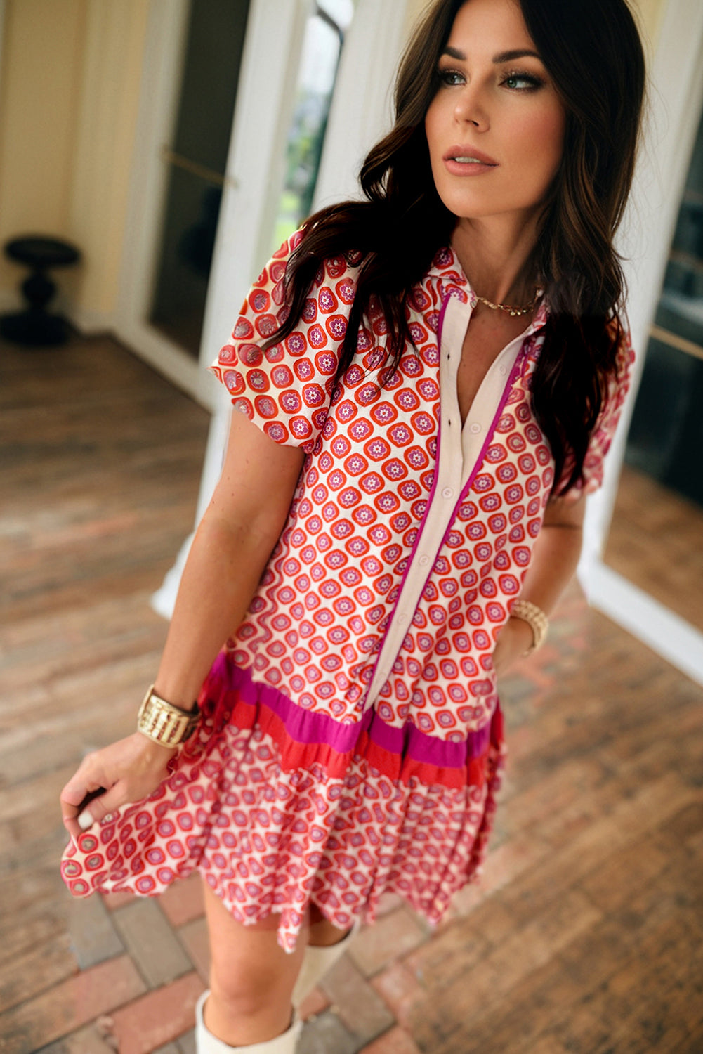 Floral Geometric Colorblock Ruffle Hem Dress