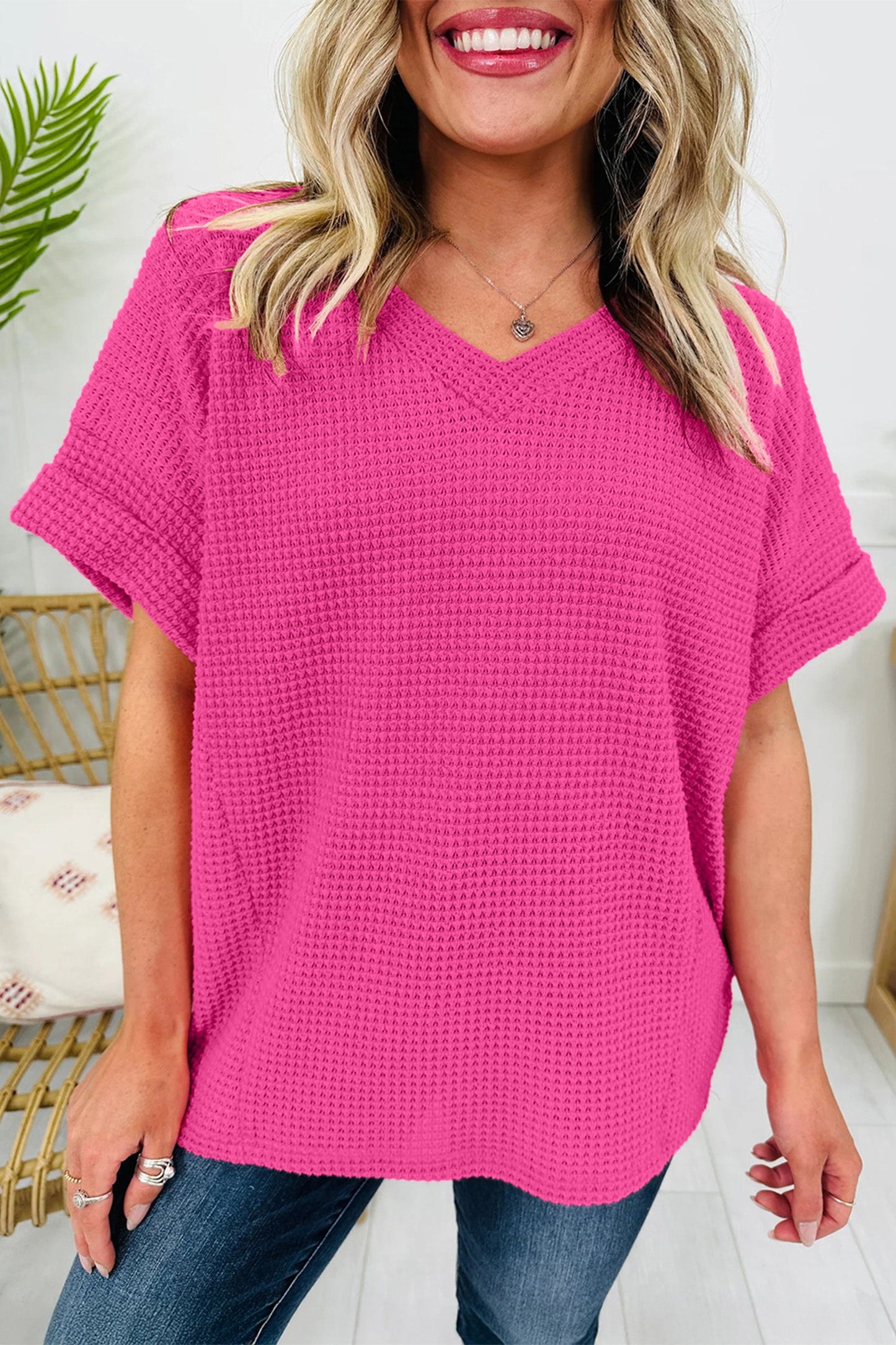 Solid Waffle Knit V-Neck Short Sleeve Top