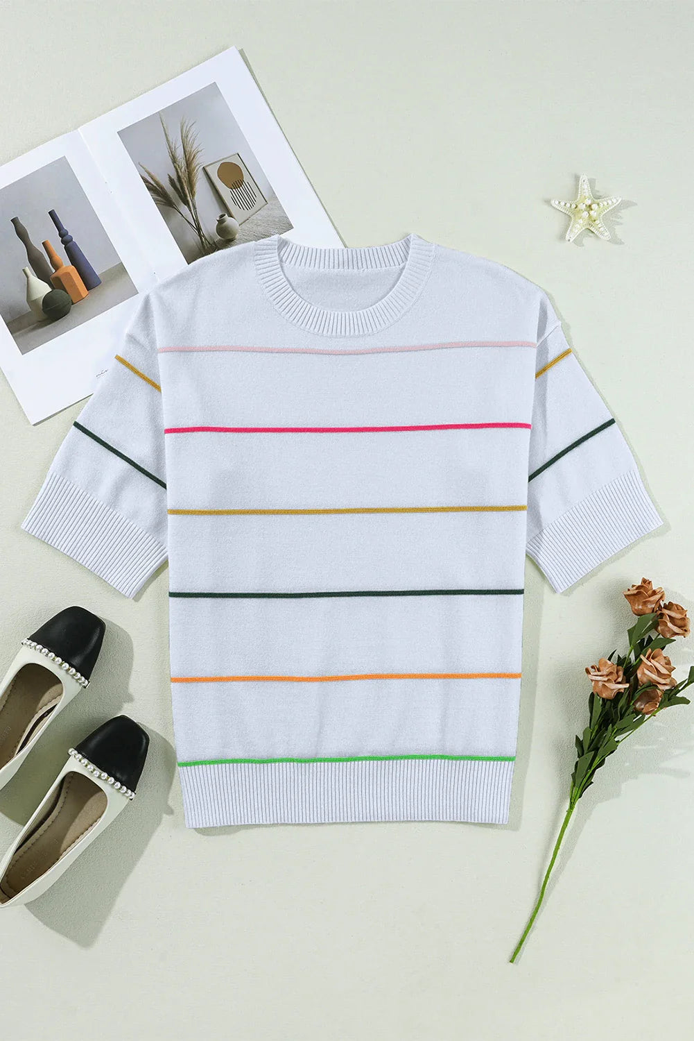 Colorblock Stripe 3/4 Sleeve Drop Shoulder Sweater