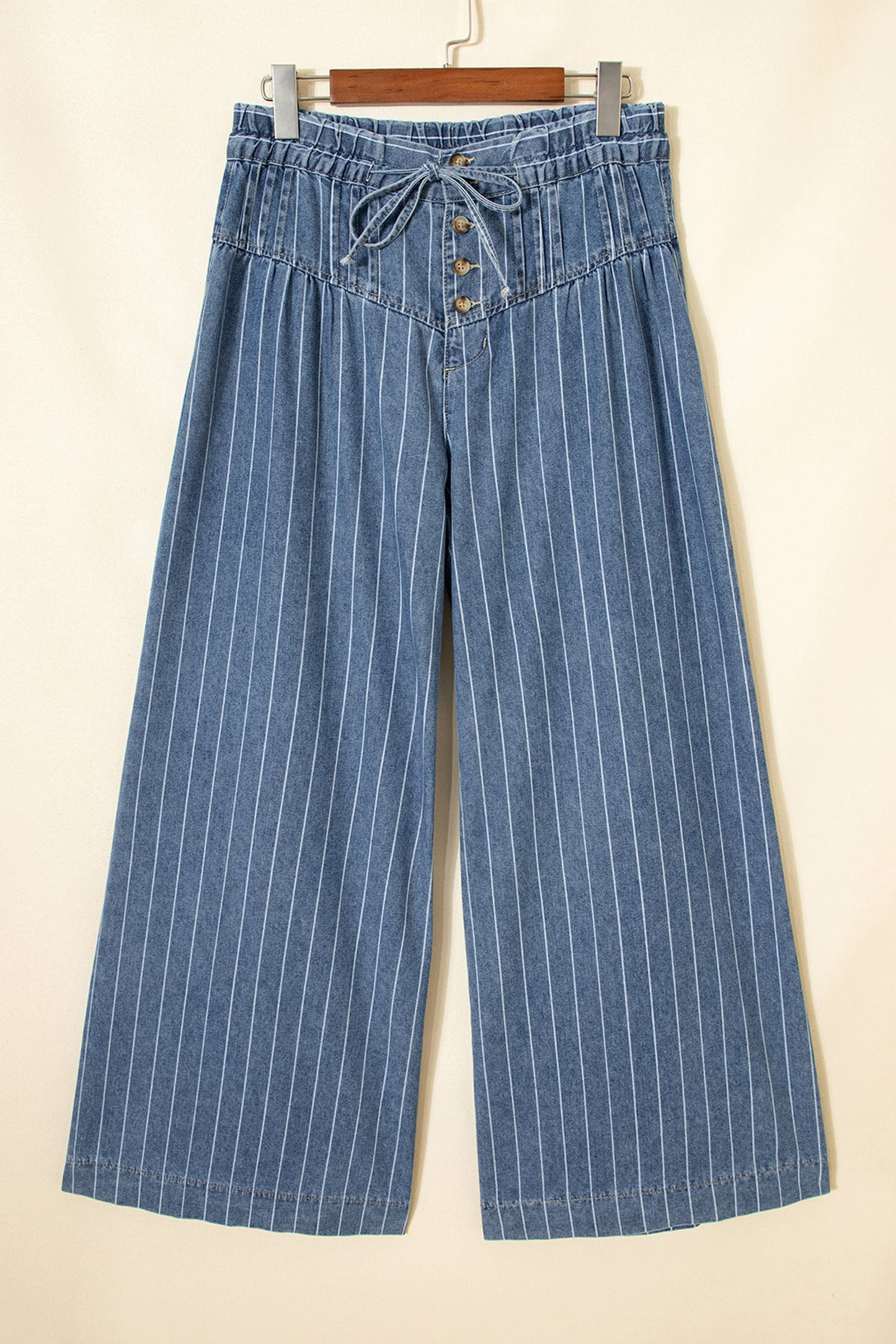 Stripe Button Pleated Drawstring Wide Leg Jeans