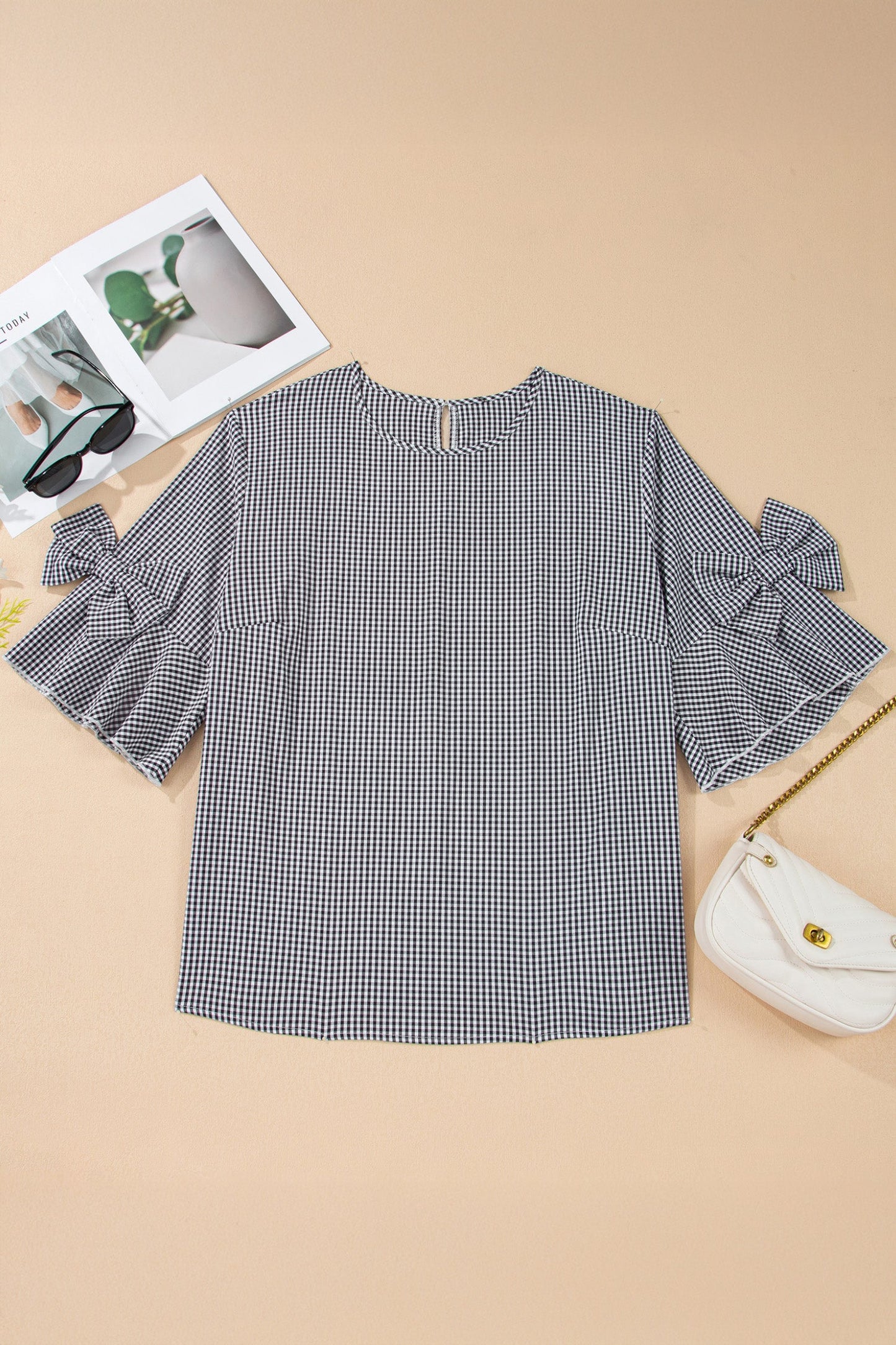 Plus Size Gingham Bow Ruffle Sleeve Top