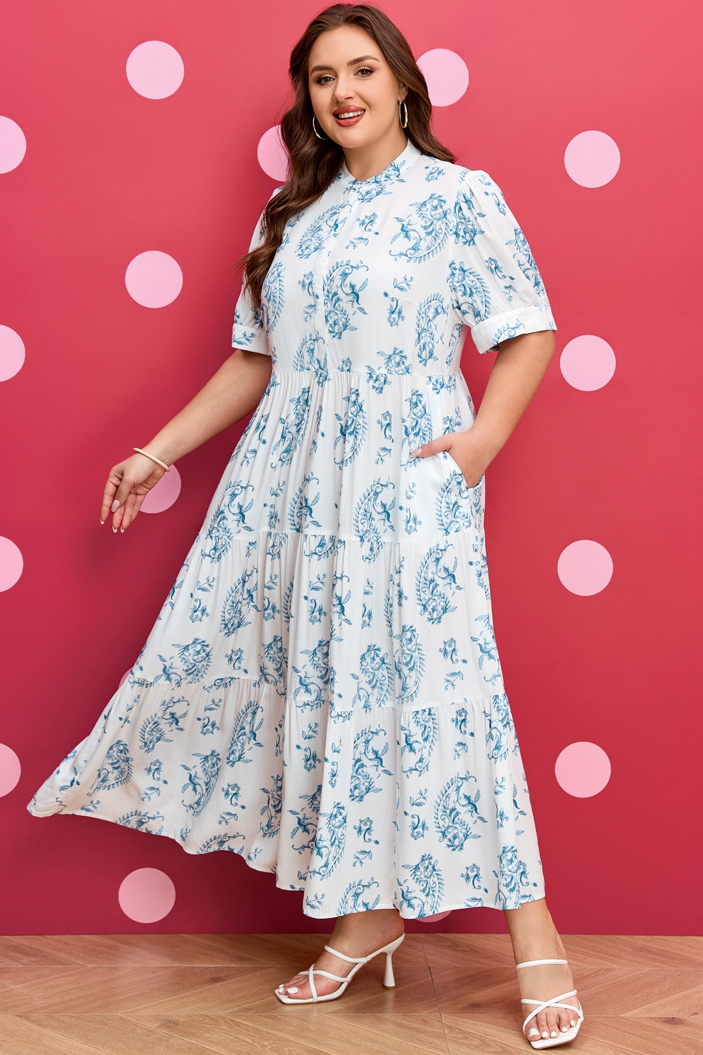 Plus Size Floral Geometric Split Neck Maxi Dress