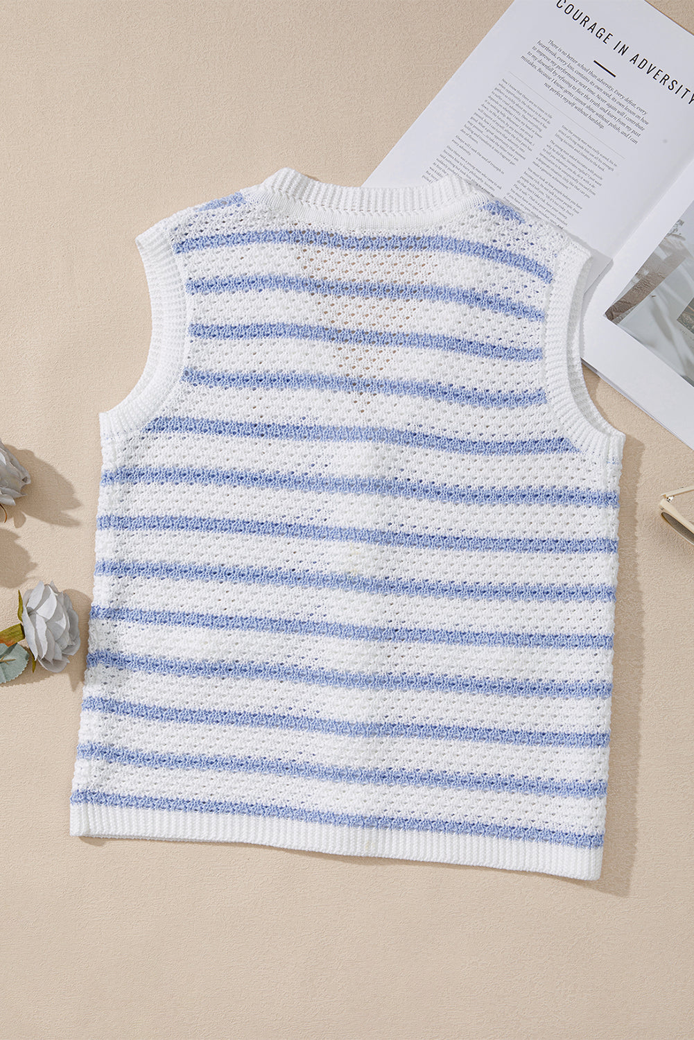 Stripe V-Neck Gold Button Sweater Top