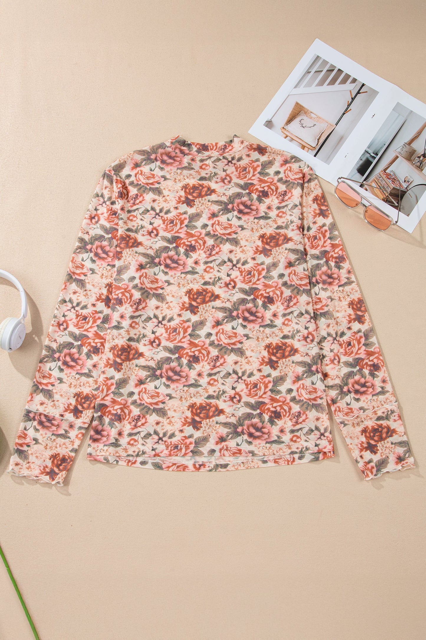 Plus Size Floral Mesh Mock Neck Top