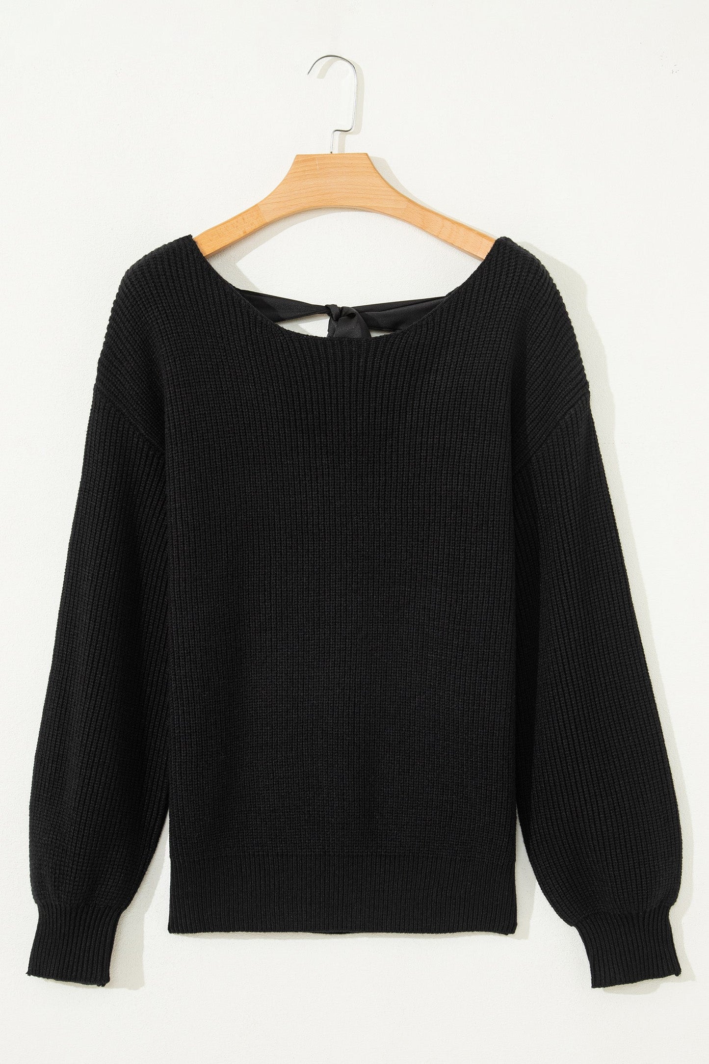 Ribbon Knot Backless Drop Shoulder Ribbed Sweater