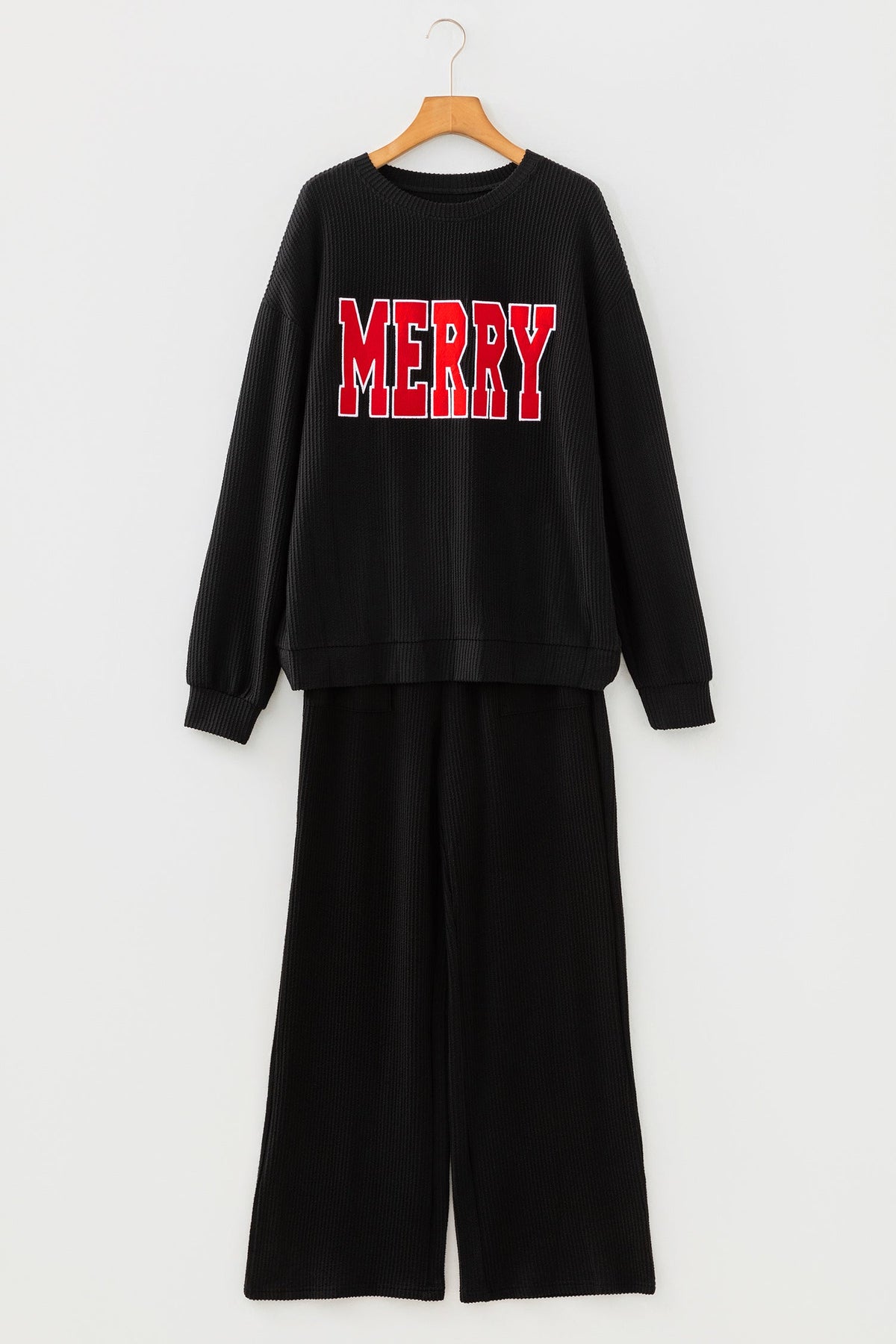 Christmas Letter Print Corded Knit Top & Pants Set