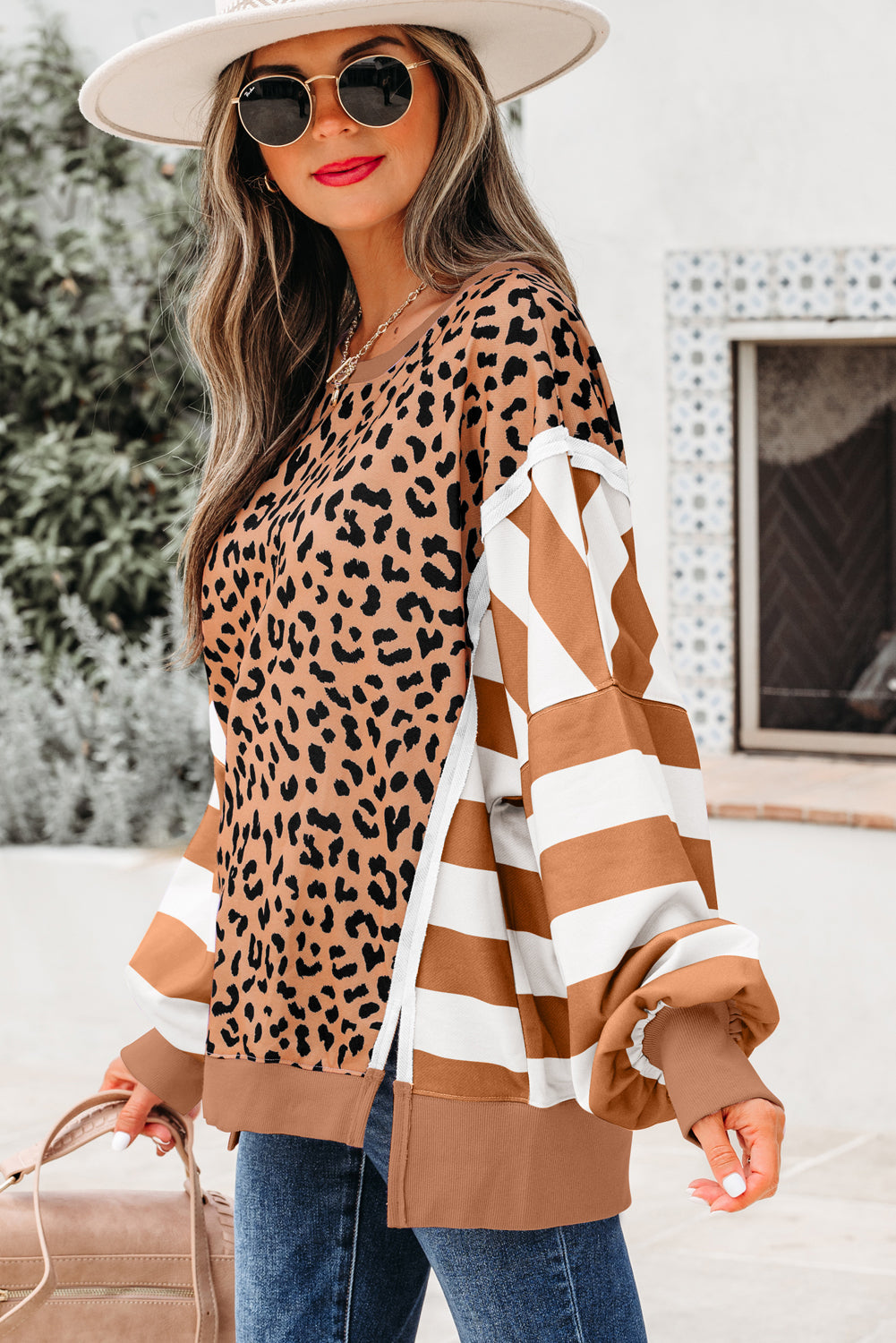 Leopard Stripe Colorblock Patchwork Sweatshirt